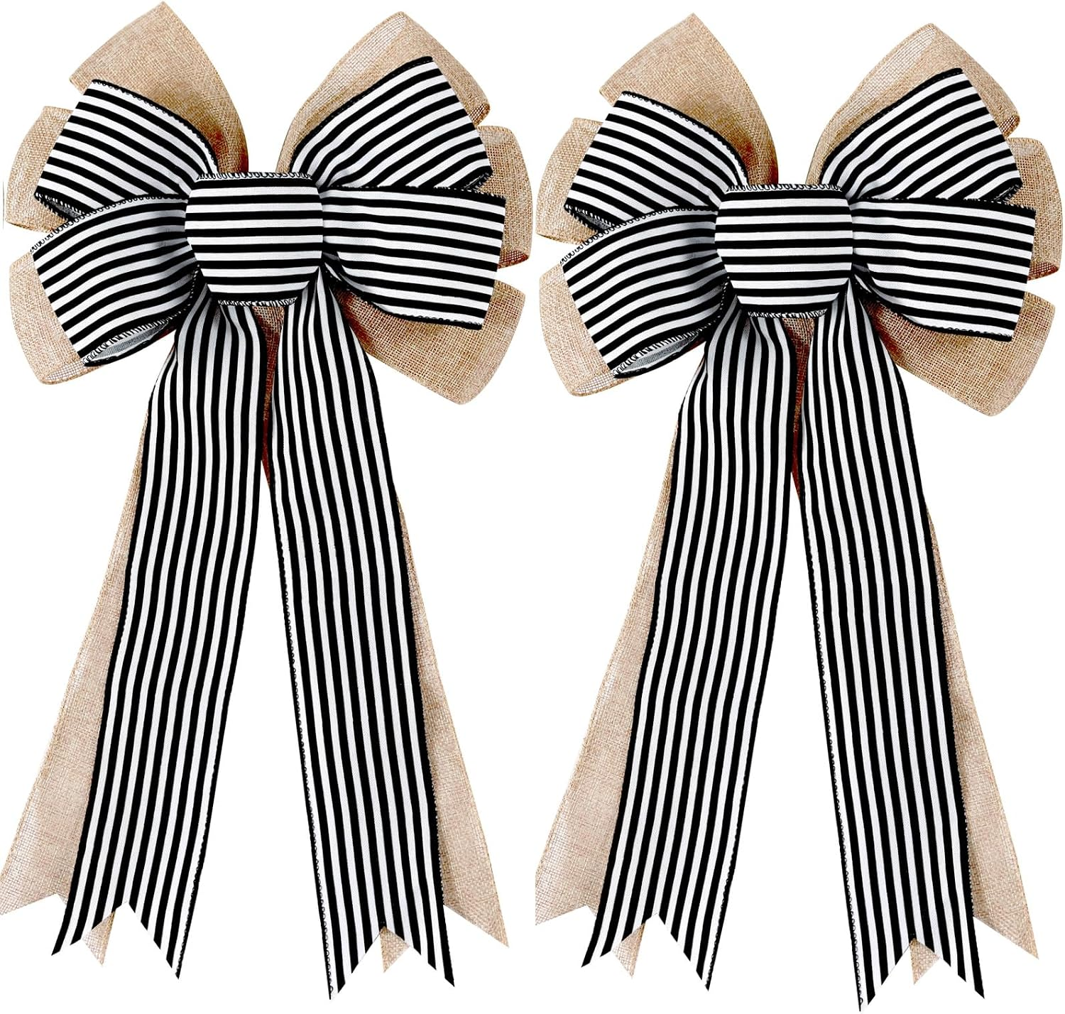 2 Pack Black White Stripe Burlap Fall Bows for Wreaths Decorations | Rustic Farmhouse Crafts Bow for Christmas Gift Wrapping Tree Topper Wedding Holiday Birthday Party Wall Home Front Door