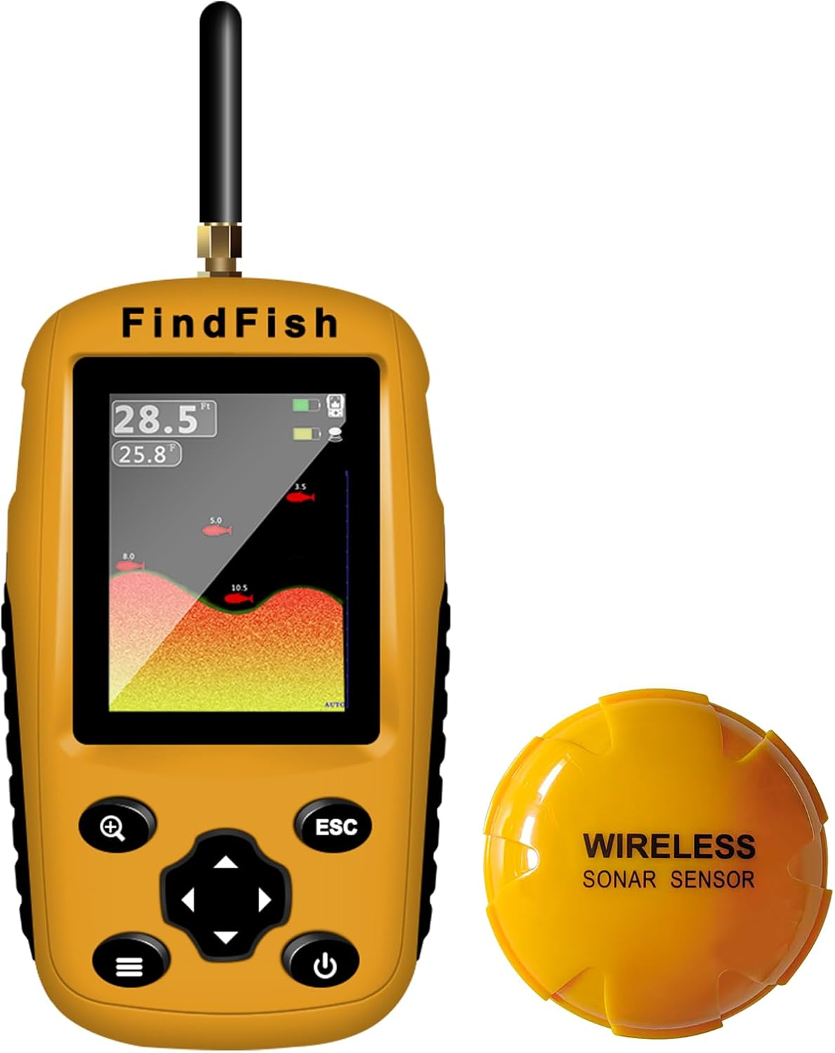 Fish Finder Portable Wireless Sonar & Radio Sensor Depth Finder with Fish Size, Water Temperature, Bottom Contour, Color LED Display Black/White Model Fit for Boats Kayaks Fishing