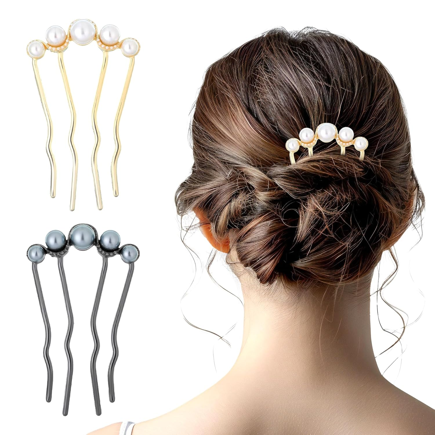 2 Pcs Pearl Hair Pins for Buns, Metal U Shaped Hair Fork Vintage French Twist Ha