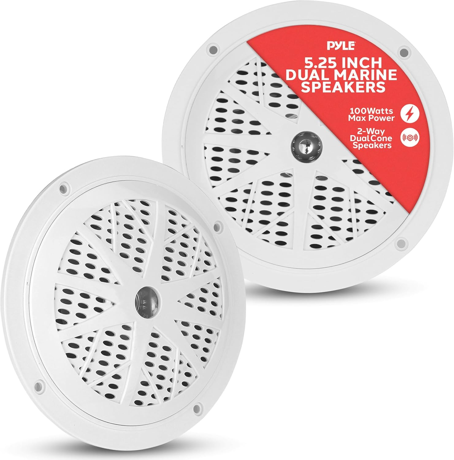 5.25 Inch Dual Marine Speakers - 2 Way Waterproof and Weather Resistant Outdoor Audio Stereo Sound System with 100 Watt Power, Polyprone Cone and Cloth Surround - 1 Pair - PLMR51W (White)