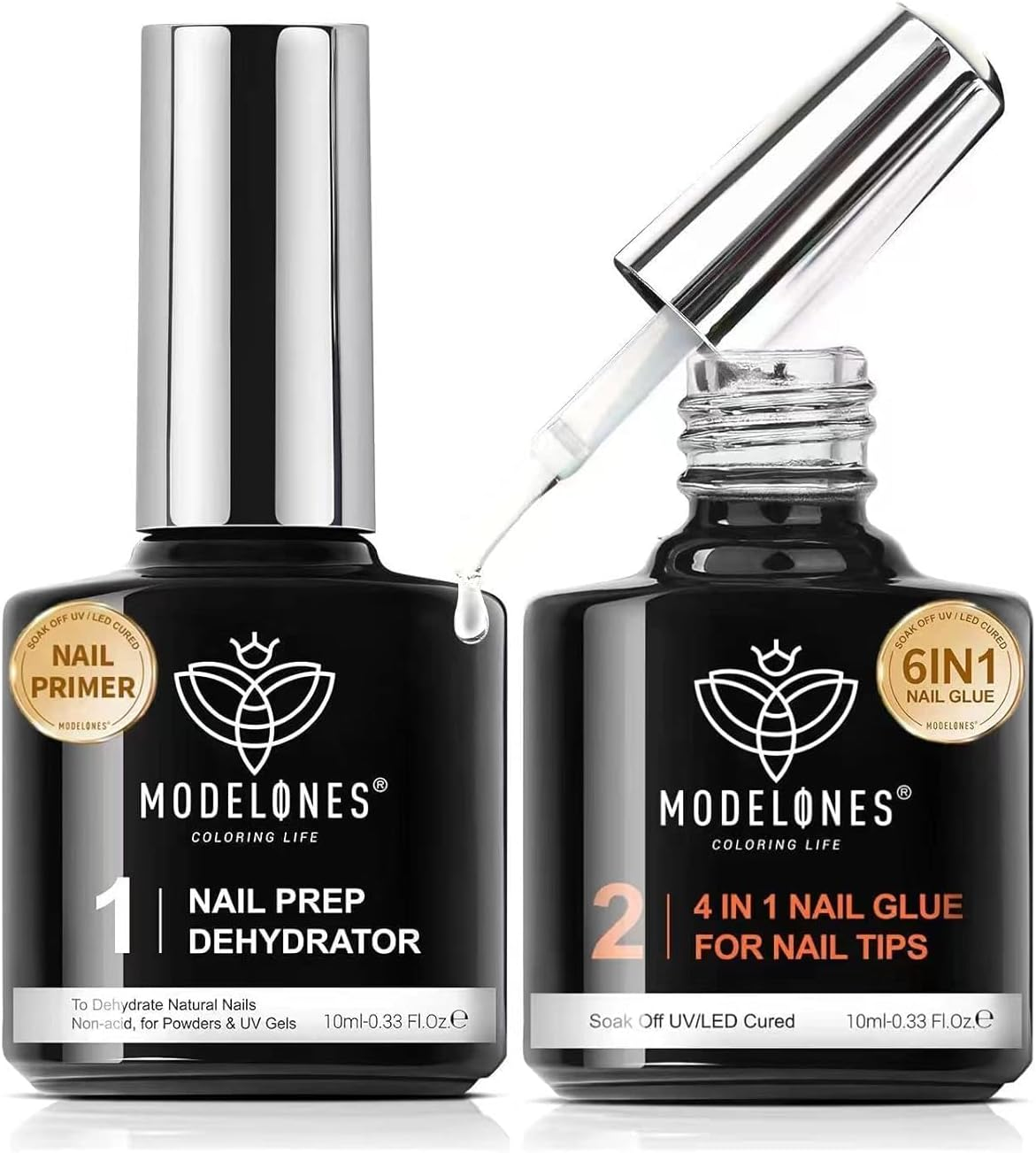 Modelones 6 in 1 Nail Glue & Gel Nail Prep Dehydrator Set, Gel Nail Polish Kit Nail Extension Set for False Nail Tips/Acrylic Nails/Base Gel/Bloom Gel/Adhesive Bond, Long Lasting Curing Needed