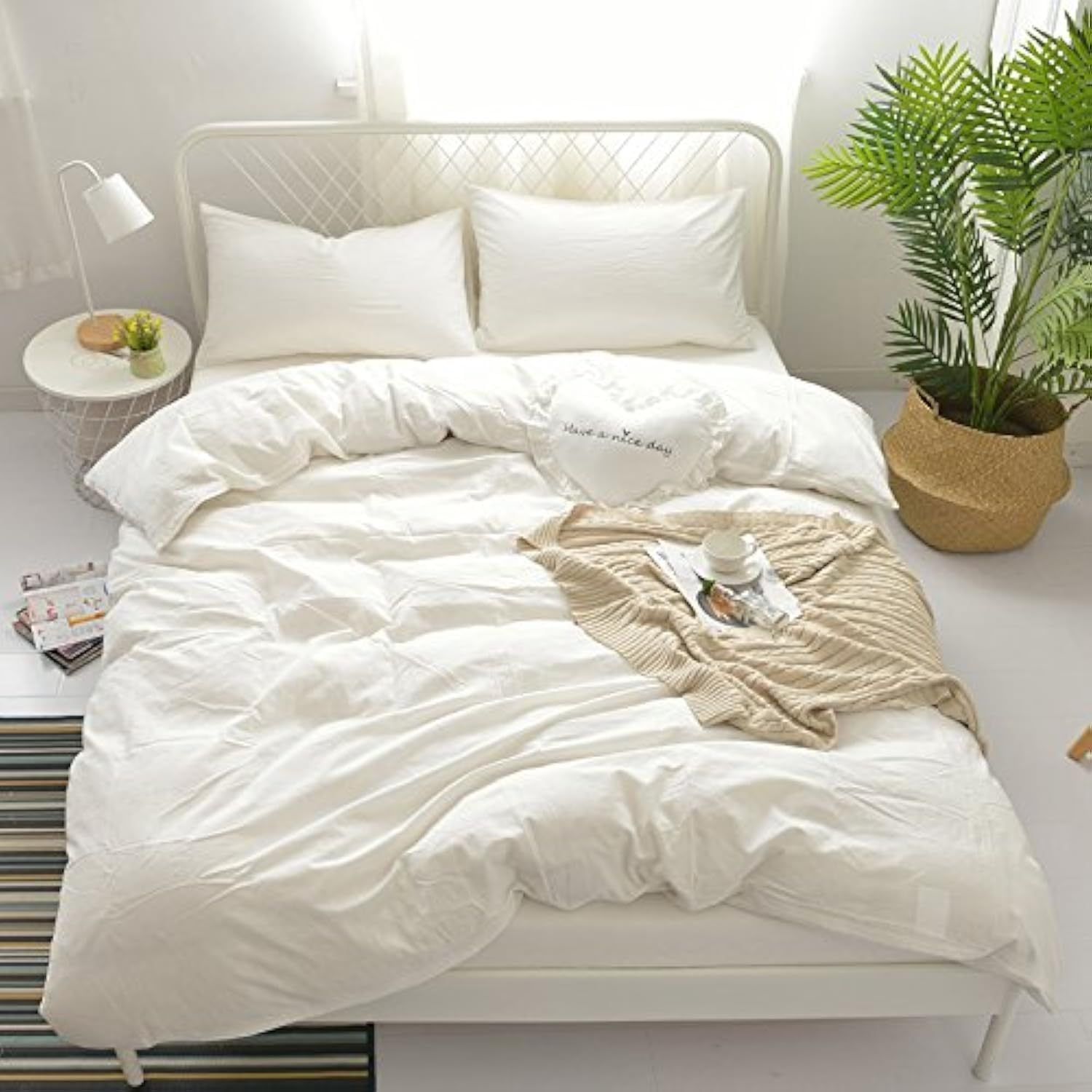 100% Washed Cotton Duvet Cover Bedding Set, Healthy,Luxurious, Comfortable, Breathable, Soft and Extremely Durable, Queen, off White