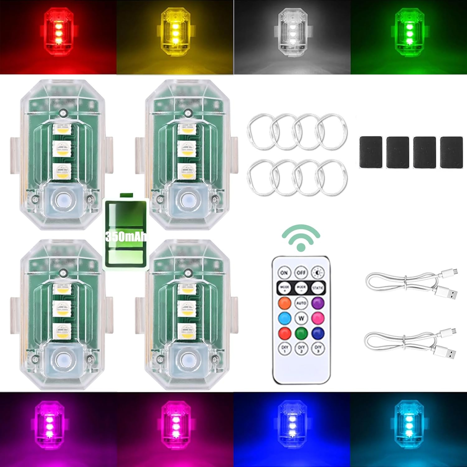 4PCS Wireless LED Strobe Lights with Remote, 8-Color, USB Rechargeable, Waterproof