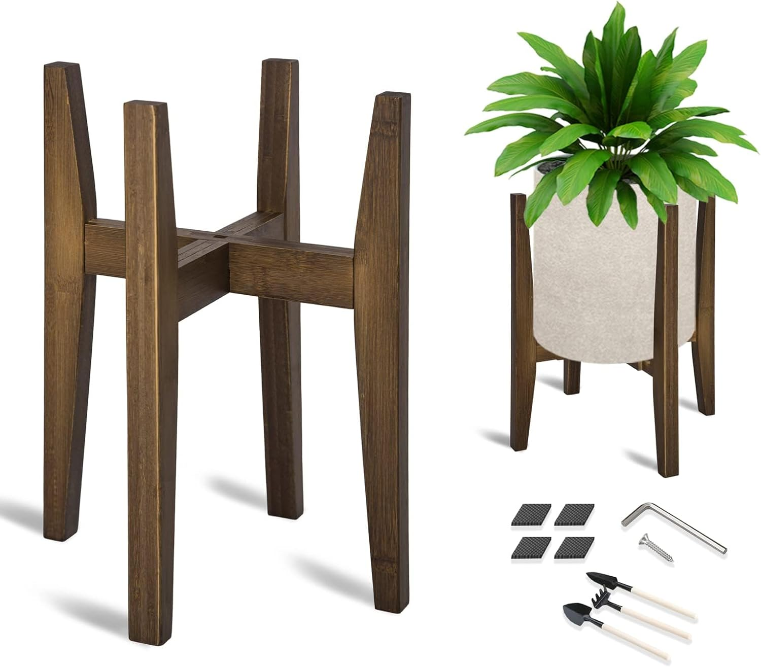 Adjustable Plant Stand, Bamboo Mid Century Modern Indoor  Stands, Corner Flower Holder for Living Room, Fits 8 to 12 Inches Pots, (Pot & Plant Not Included)(Walnut, 1 Pack)