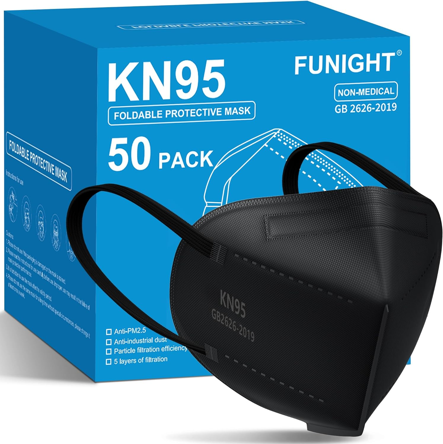 KN95 Face Masks 50 Pack 5-Ply Breathable Filter Disposable Face Masks Black