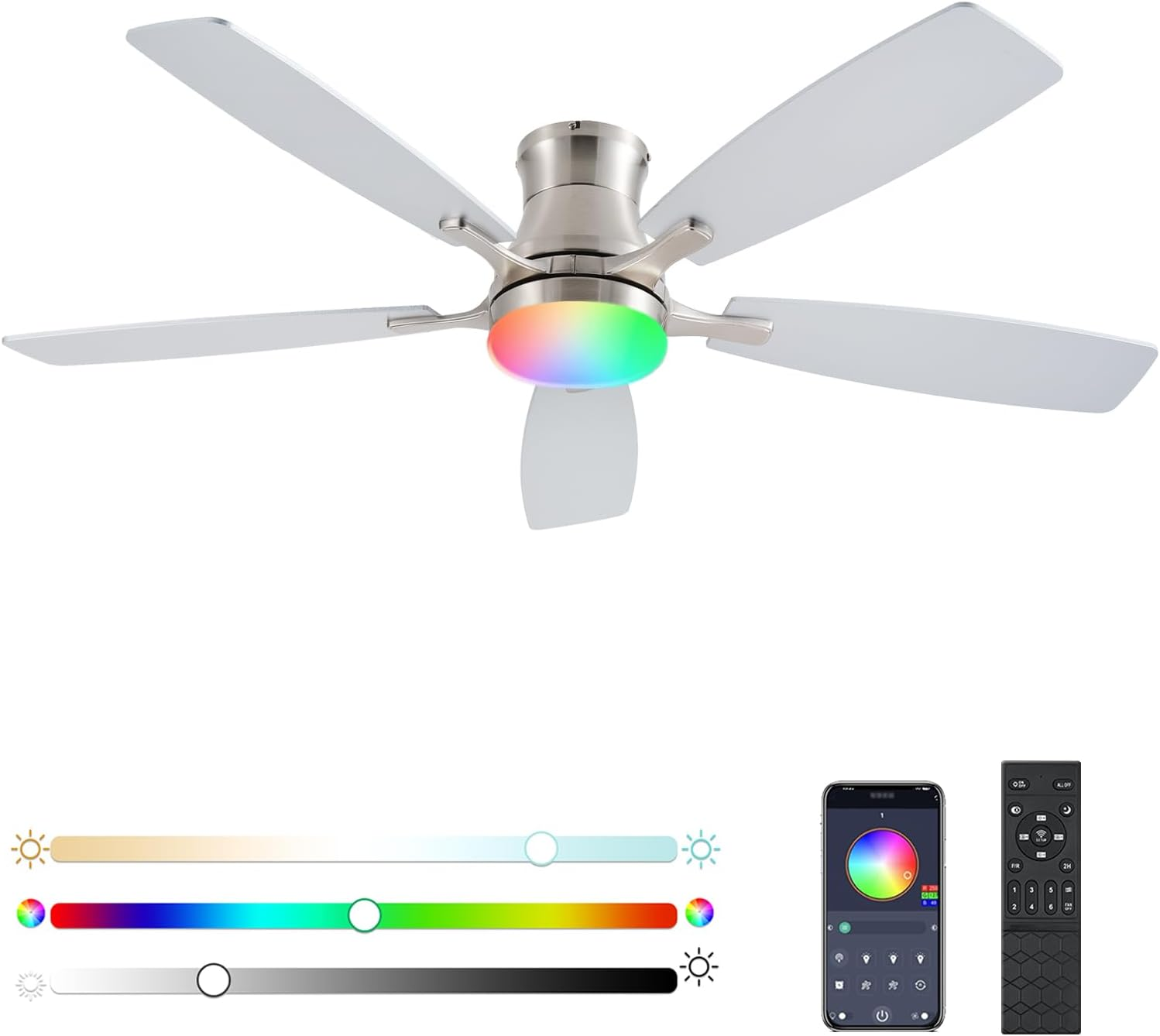 Ceiling Fans with Lights, 54Inch RGB Low Profile Ceiling Fan with Light and Remote/App Control, Flush Mount, Dimmable, Reversible DC Motor, Noiseless, 6 Speeds Nickel Ceiling Fan for Bedroom