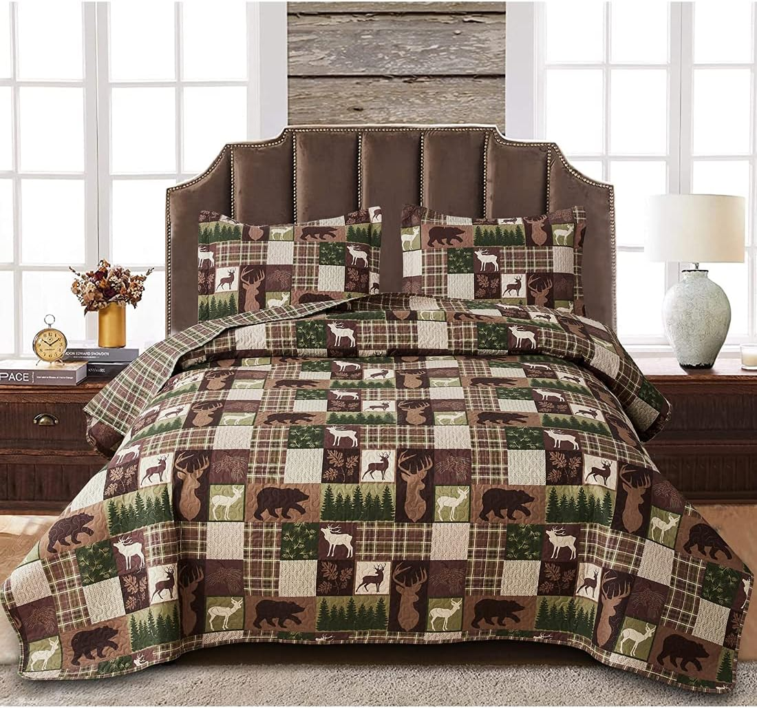Reversible Lodge Plaid Bedding Moose Bear Quilt Full/Queen Size Rustic Bedspread Cabin Coverlet Wildlife Forest Daybed Cover Summer Lightweight Bed Cover Pillow Shams