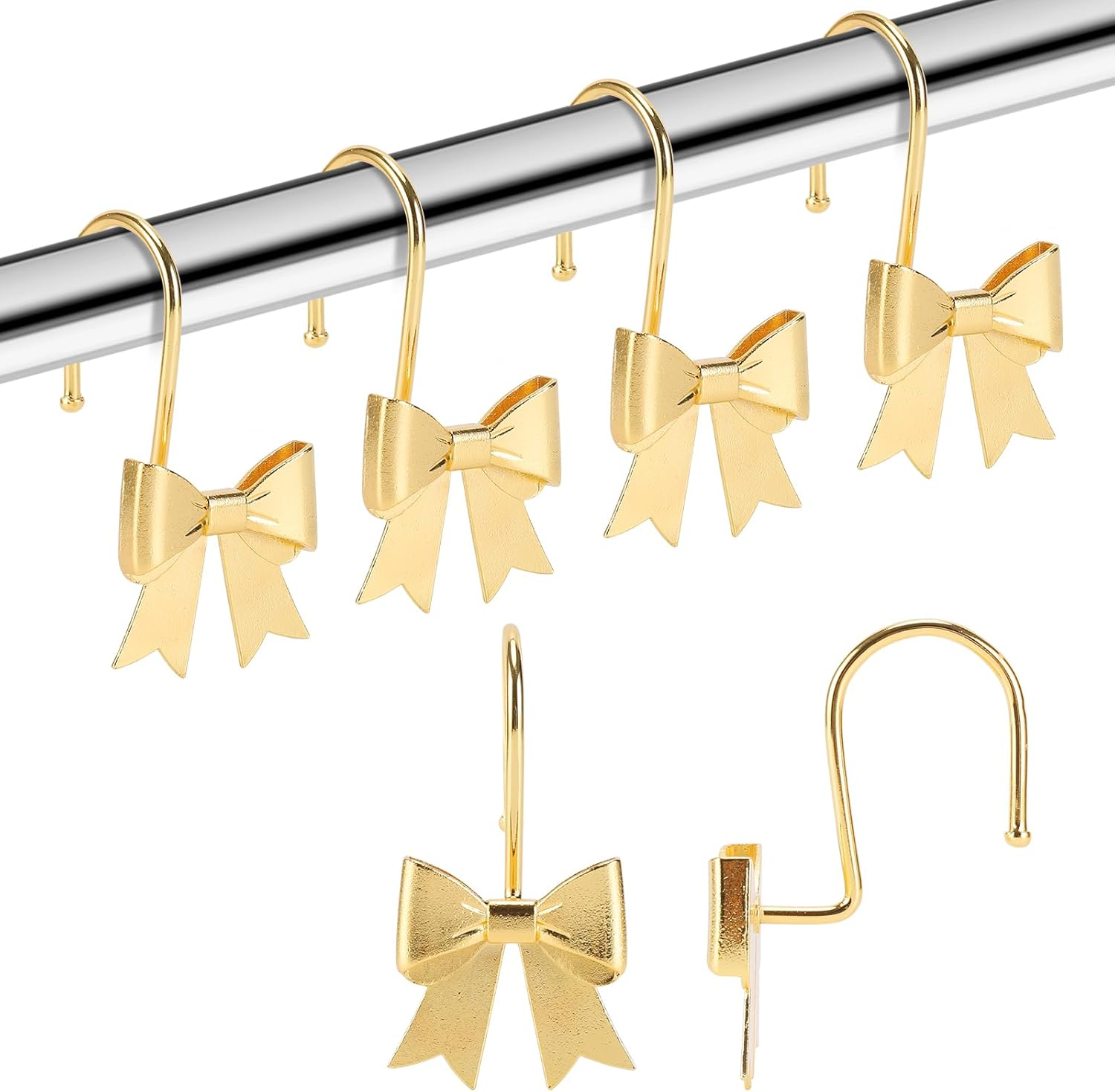 Rustproof Bow Knot Shower Curtain Hooks, 12-Pack Decorative Metal Rings (Gold)