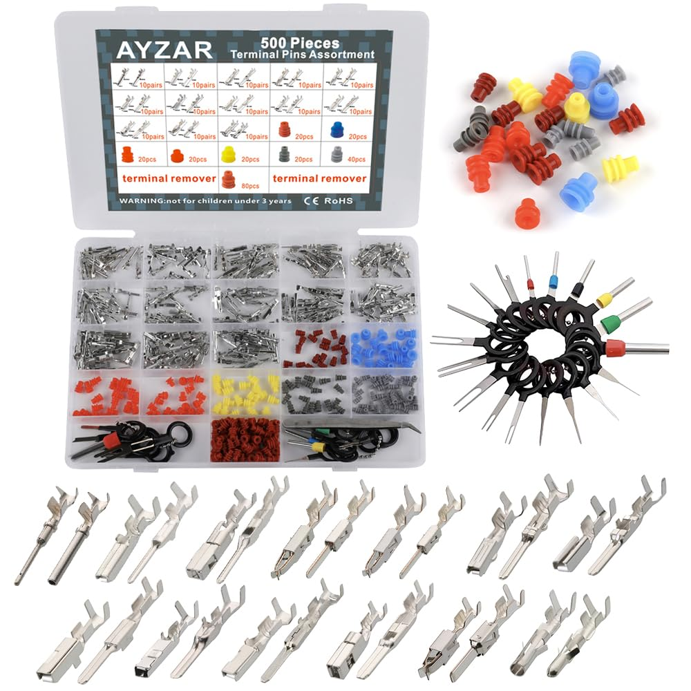 500Pcs Connector Pin Kit - Terminal Automotive Car Electrical 1/1.5/1.8/2.2/2.8/3.5mm Male & Female Wire Pins, Wire Seals, Wiring Harness
