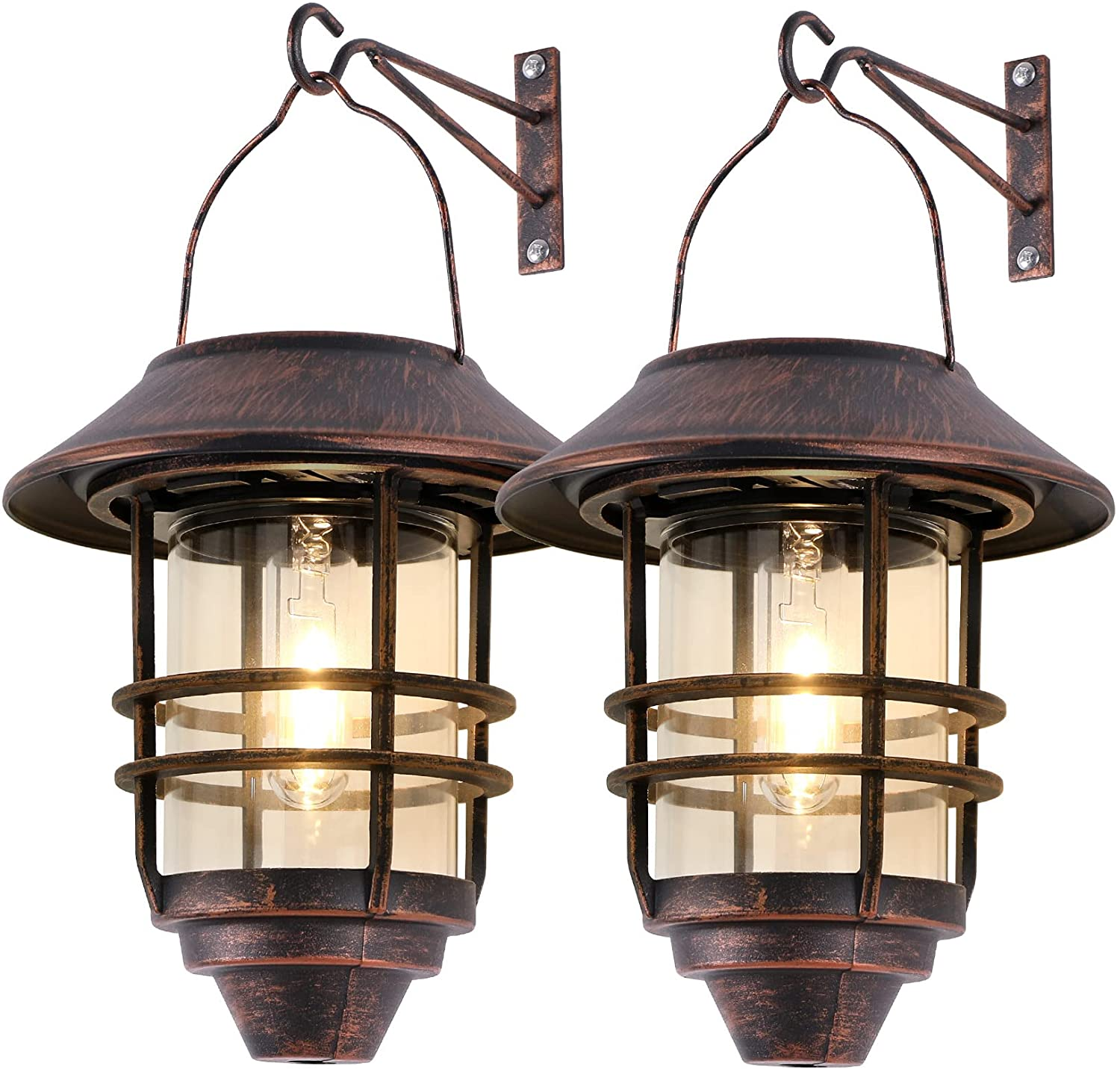 Solar Lantern Outdoor, Hanging Waterproof Solar Lights with Wall Mount Kit for Garden Porch Fence 2 Pack,Bronze