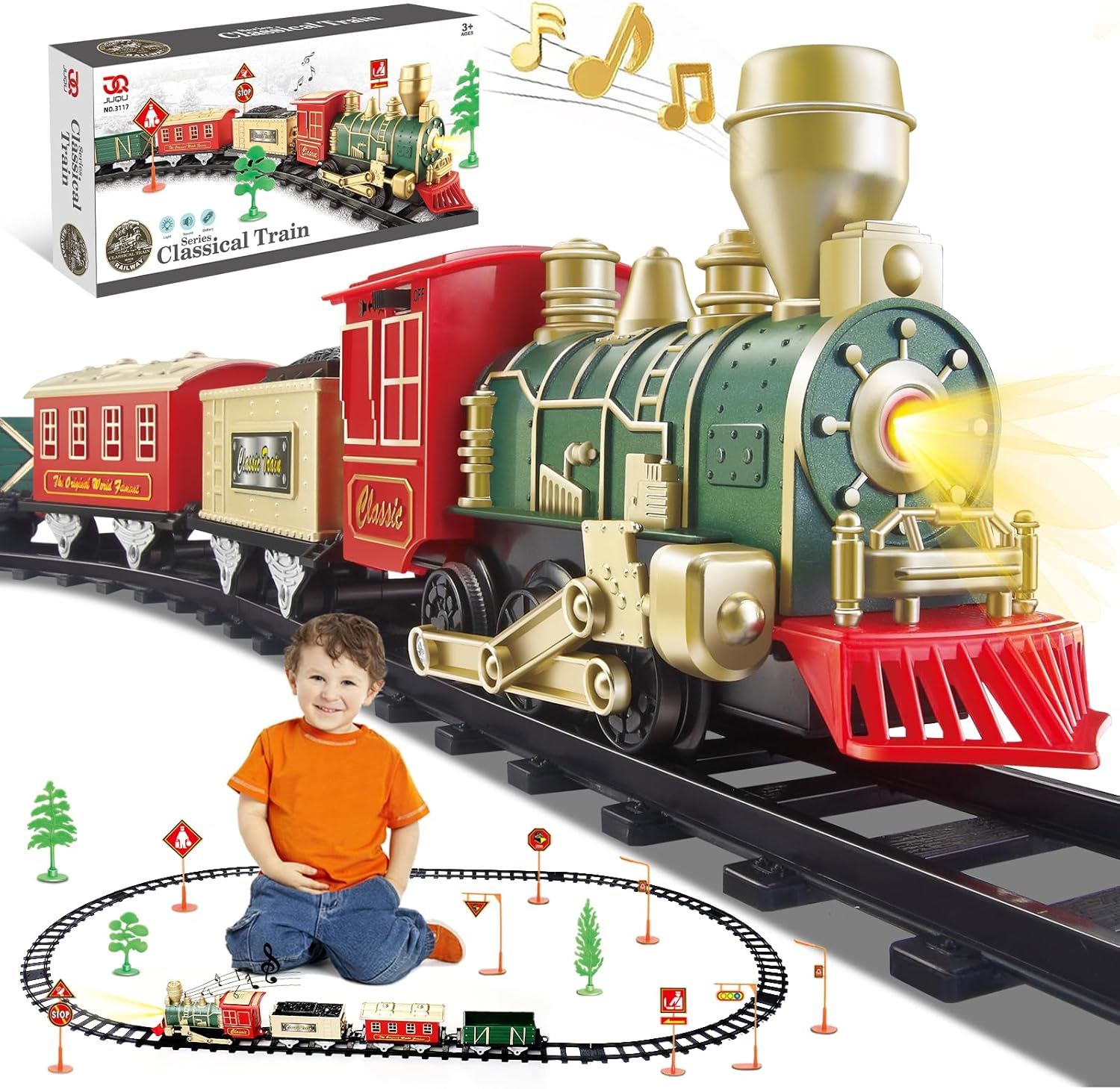 JUQU Christmas Train Set for Kids Ages 3-8 – Battery Operated Toy Train with Lights, Sounds, 3 Cars & 10 Tracks, Classic Christmas Tree Train Set for under or around Tree Gift