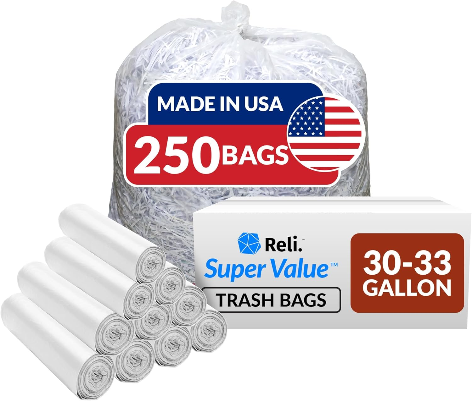 30-33 Gallon Trash Bags Heavy Duty | 250 Count Bulk | Clear Large Trash Bags 30+, 32 Gallon | Made in USA
