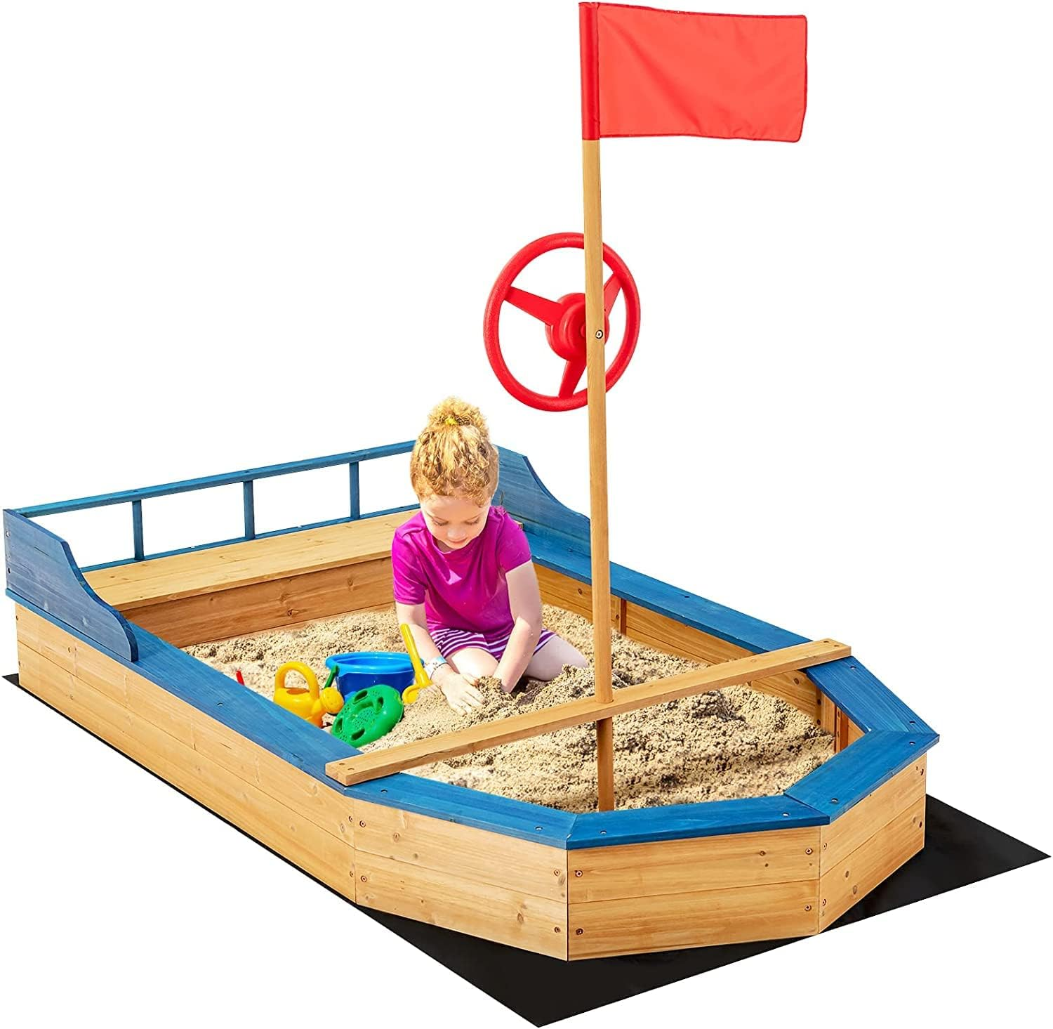 Pirate Ship Kids Sandbox, Wooden Sand Box W/Storage Bench, Seat, Ground Liner, Sandpit Boat W/Rudder, Buoy, Realistic Flag, Children Outdoor Furniture for Backyard, Lawn, Garden