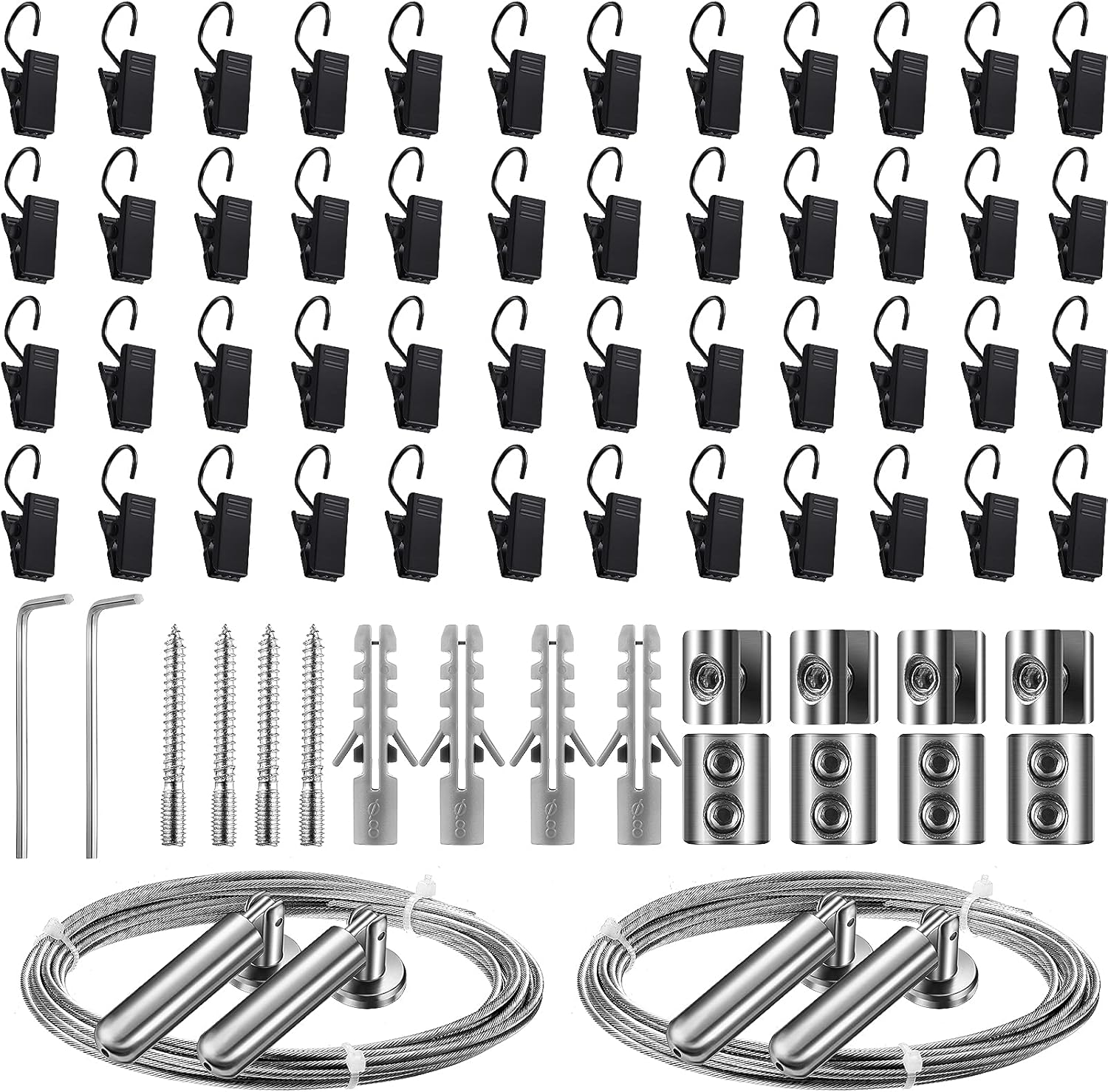 196 Inch/ 5 M Wire Curtain Rod Room Divider Hanging System with 48 Clips Adjustable Curtain Drape Wire Rod Set for Tapestry Photo Picture Kids Craft Art Display Wall Window Decor(2 Set)