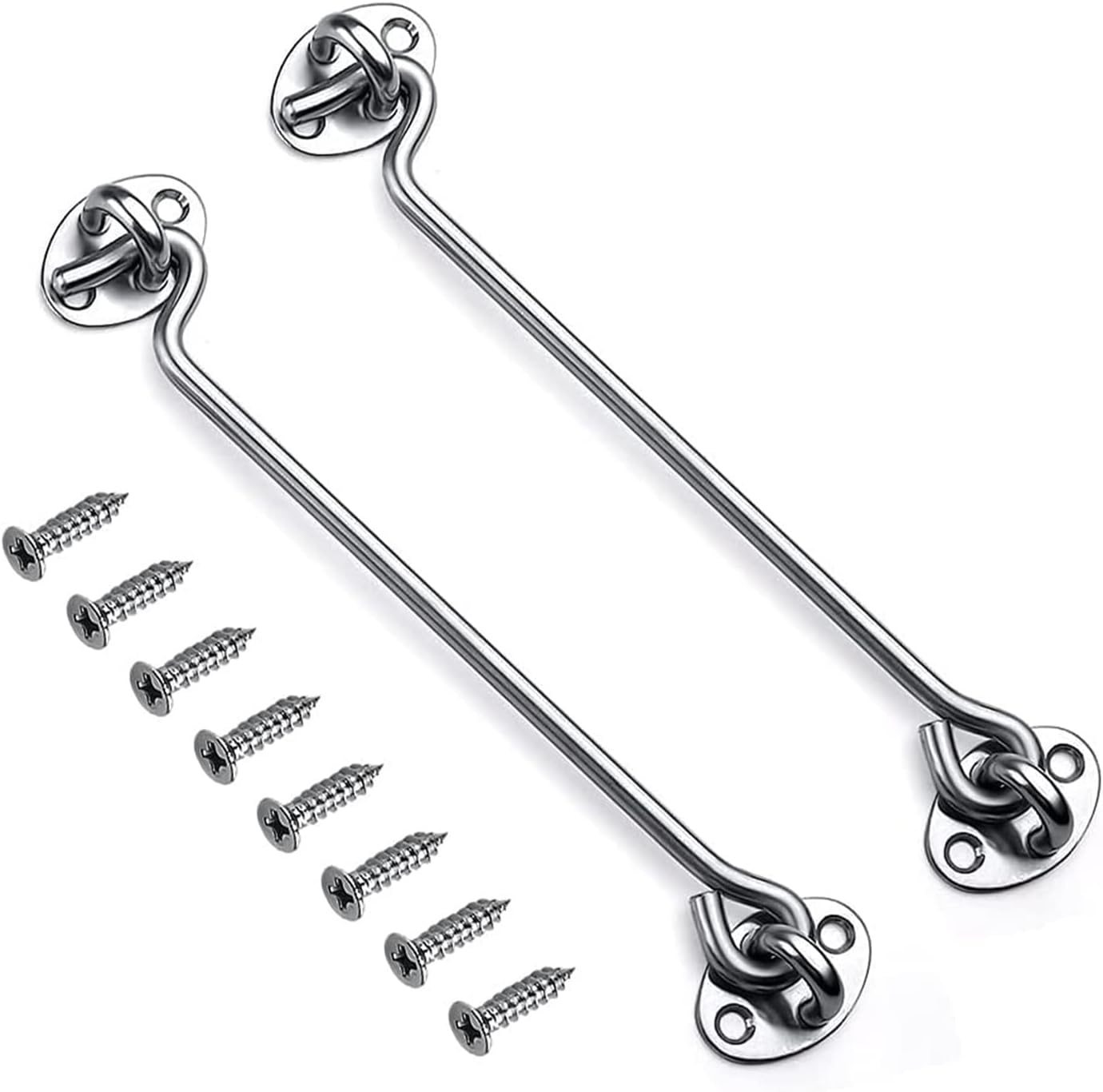 Mgoodoo 10 Inch Hook and Eye Latch Door Lock, Stainless Steel Gate Cabin Hooks, 2Pcs 250Mm Hook Eye Latch Door Lock Latches for Wooden Gate Patio Door Window Brace Shed Catch Hooks Silver