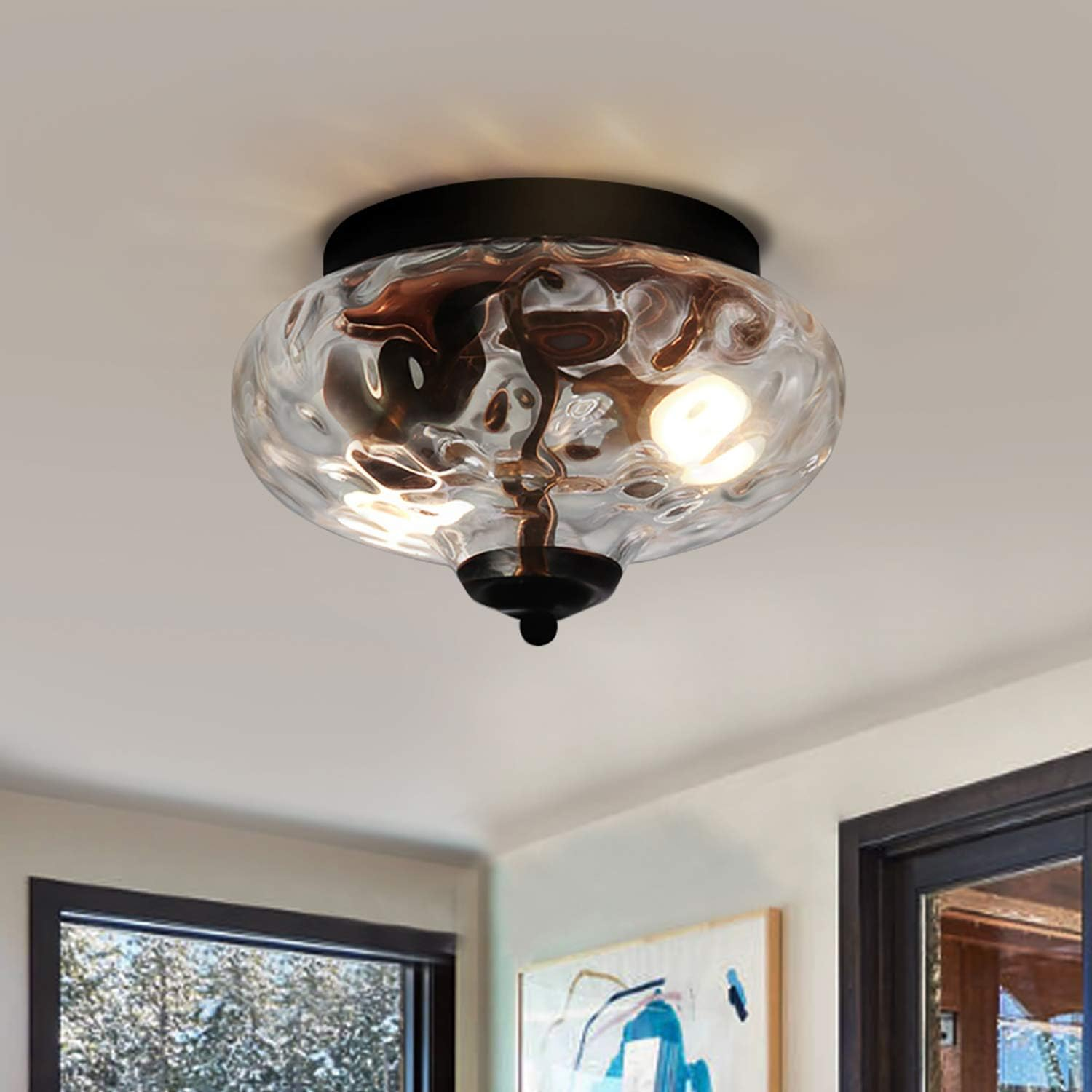 Modern 2-Light Hammered Glass Flush Mount Light Pendant Ceiling Light Fixture 10.2
