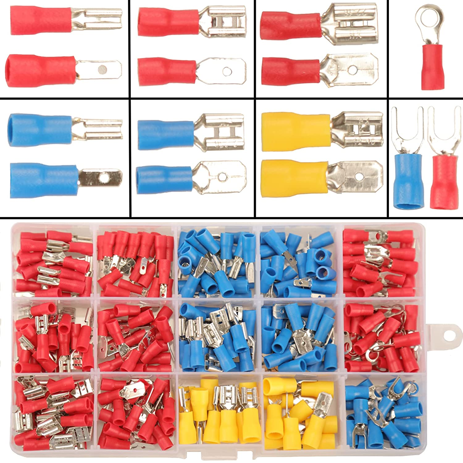 280PCS Crimp Connectors, 2.8mm 4.8mm 6.3mm Male and Female Spade Connector kit, 15 Types Crimp Terminals Electrical Connectors, Electrical Terminals Includes Spade Ring Fork Wire Connectors