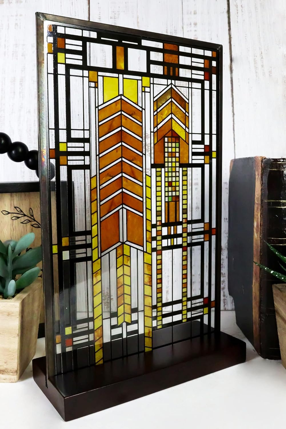 Ebros Frank Lloyd Wright Autumn Sumac Stained Glass Art Metal Framed Hanging Wall Decor or Desktop Plaque Susan Lawrence Dana House Window Architectural Home or Office Decorative Accent 10