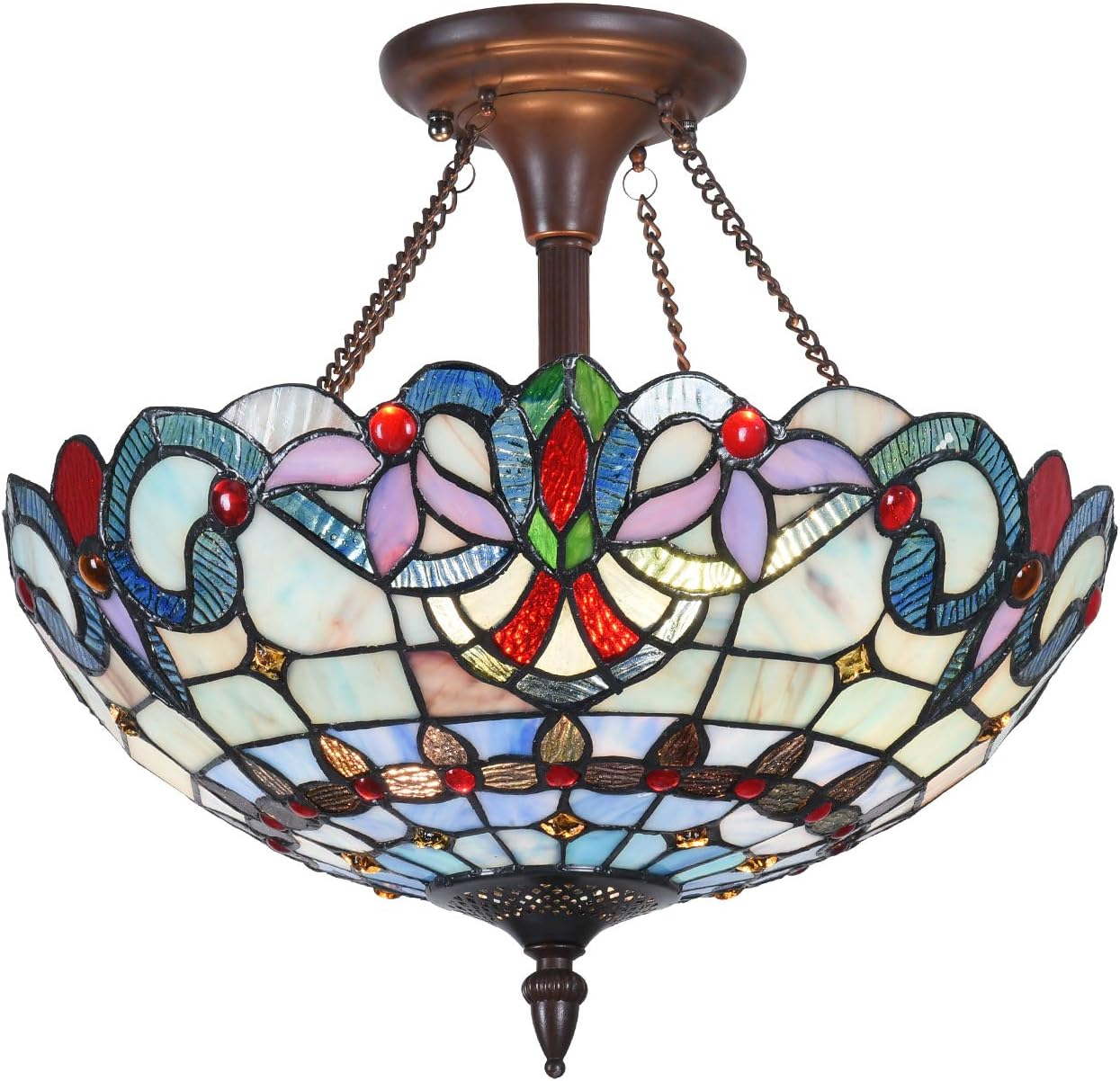 Light Blue Victorian Tiffany Ceiling Lamp - Stained Glass Fixture 16x16x14