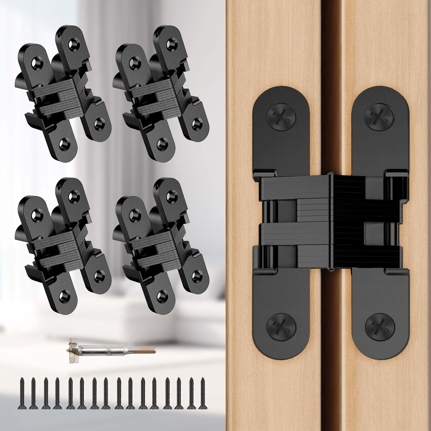 Hidden Door Hinge 0.51 * 2.36Inch – 4Pcs Invisible Heavy Duty for Wood Doors,180 Degree Alloy Concealed Cabinets Hinges for DIY Gates,Kitchen,Black
