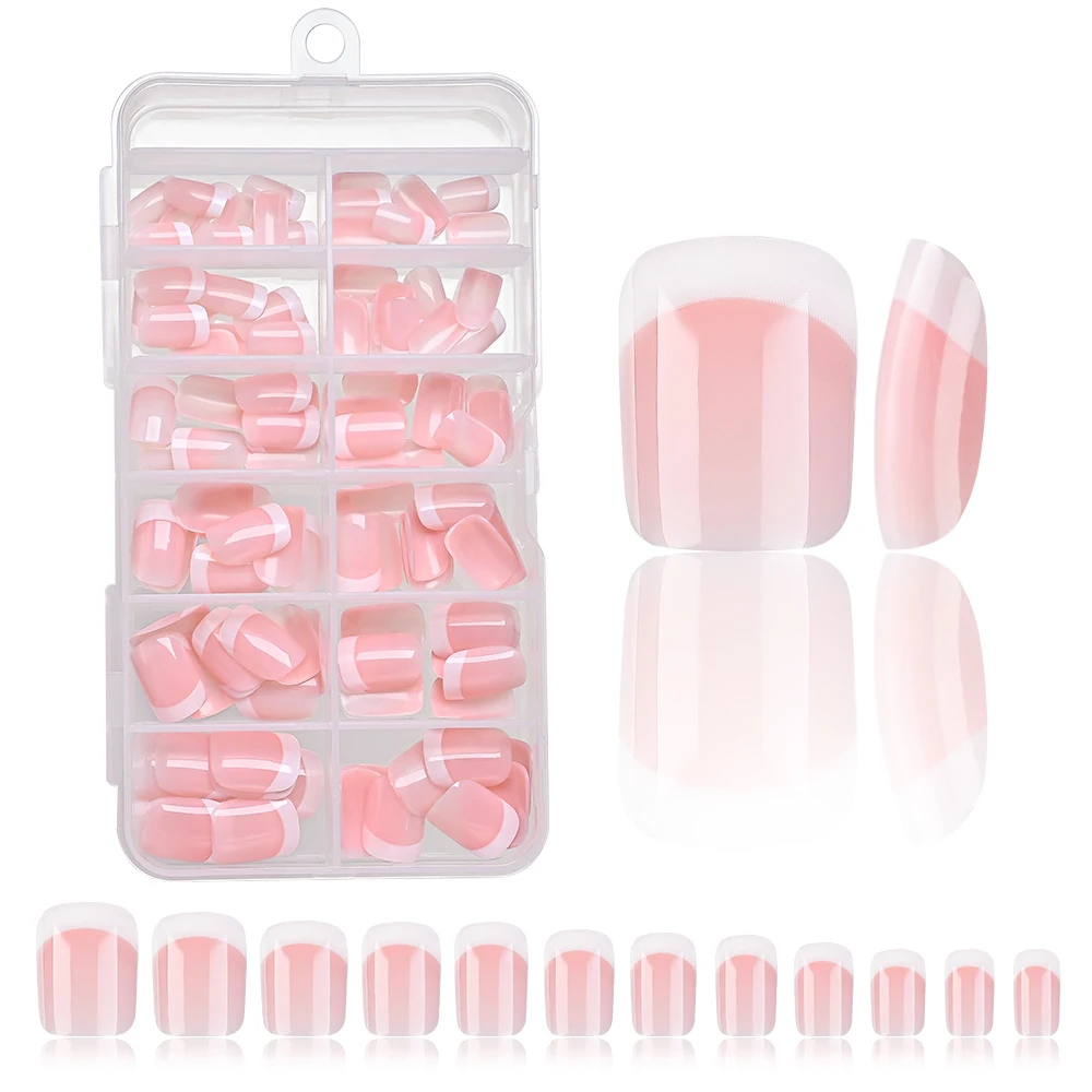 120 Pcs Pink French Short Square Press-On Nails in 12 Sizes