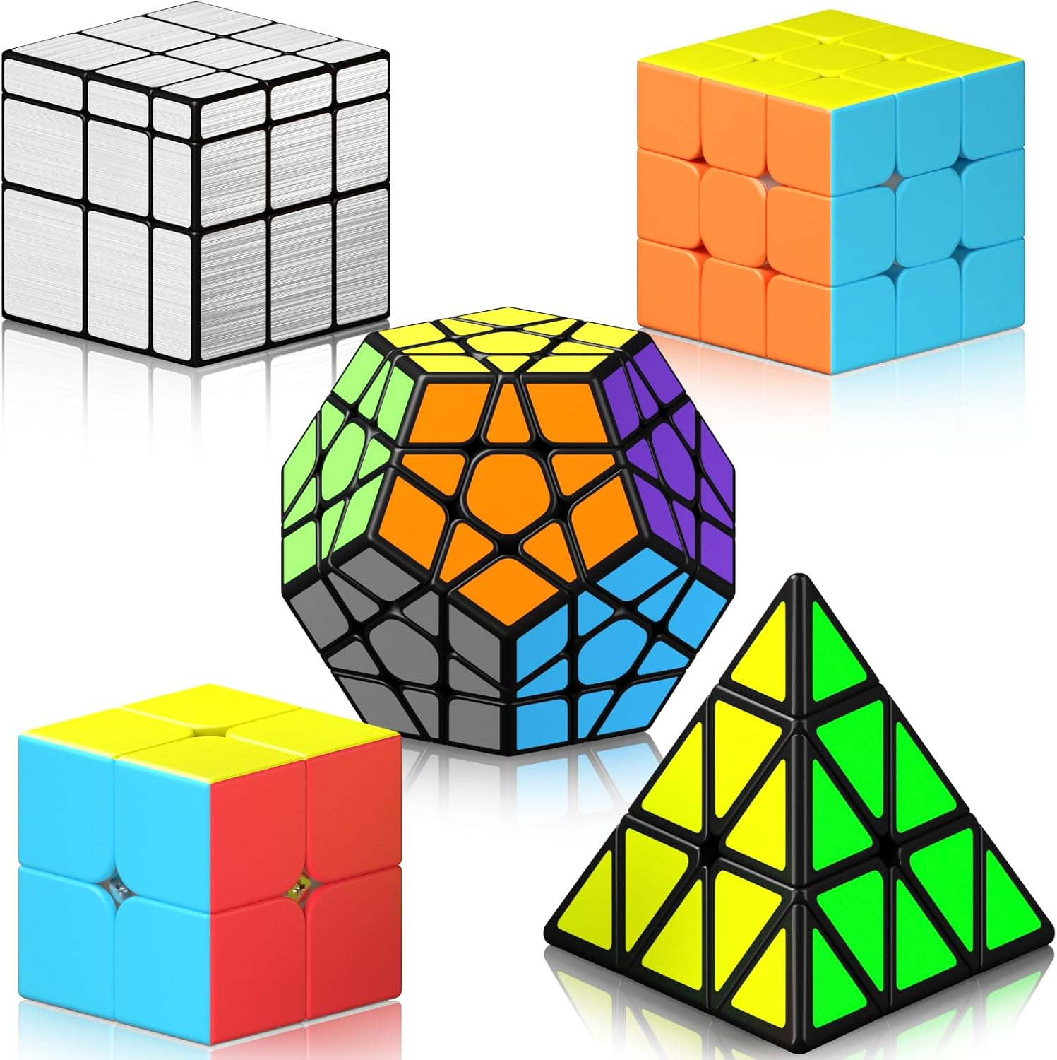 Speed Cube Set, [5 Pack] Cube Bundle 2X2 3X3 Pyramid Megaminx Mirror Magic Cube, Smooth Puzzle Cube Collection Games Toy Gift for Kids & Adults
