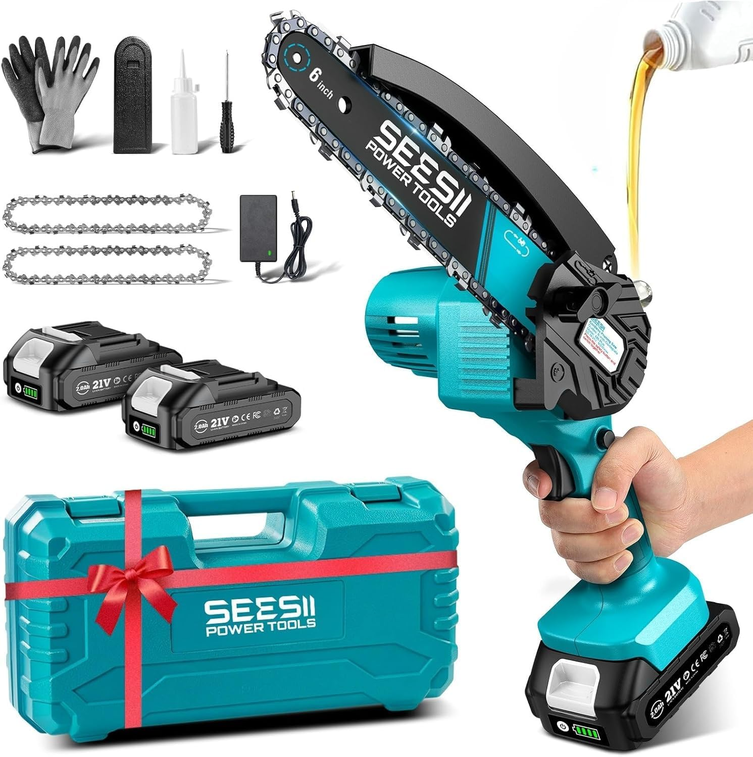 Mini Chainsaw 6 Inch,Cordless Chainsaw W/ 2X2000Mah Batteries,Oiler System & Replacement Chain,Handheld Electric Chain Saw W/Safety Lock,Battery Powered Chainsaw for Wood Tree Cutting, M6 Plus