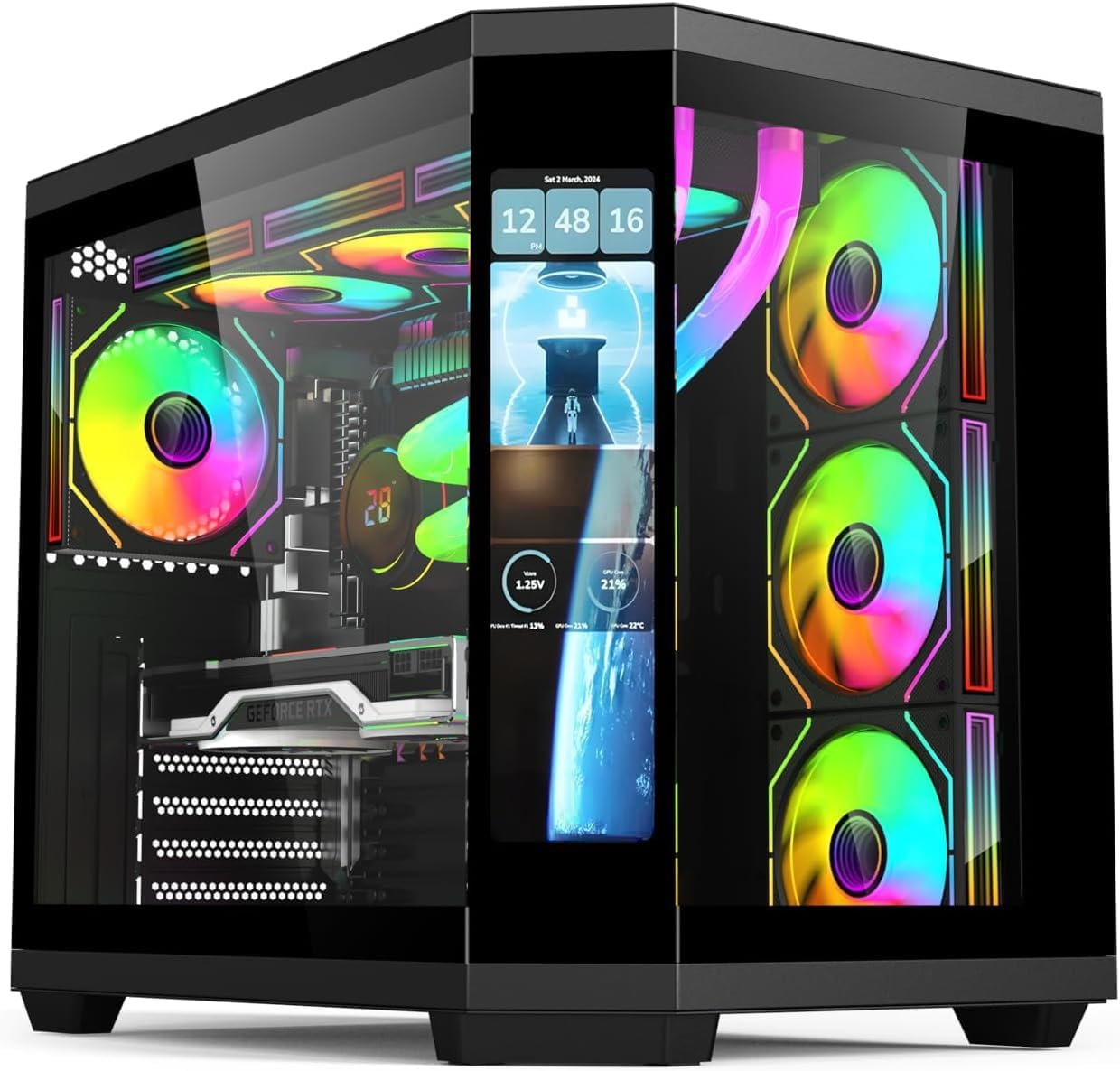 PC Case - Gaming | IONZ APEX Vision - ATX Mid Tower, Dual Chamber with 4 ARGB PWM Fans - LCD Screen | Black