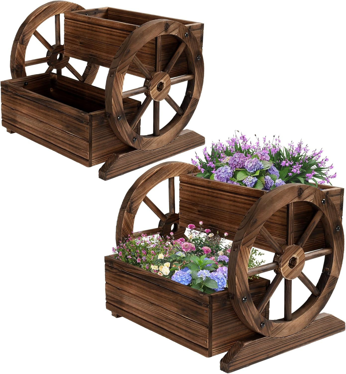 Wooden Wagon Planter Box Set - Decorative Garden Cart for Indoor & Outdoor Use