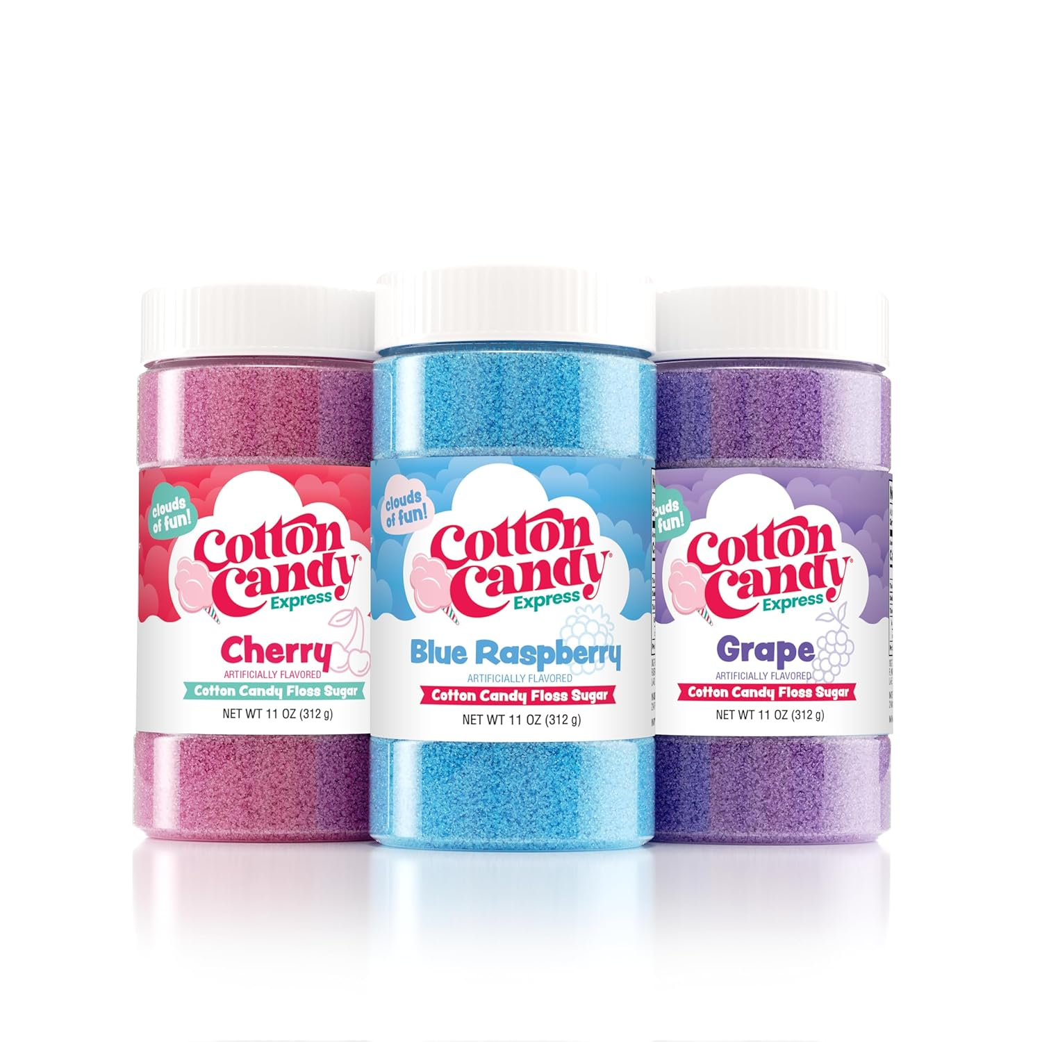 Floss Sugar Variety Pack with 3 - 11Oz Plastic Jars of Cherry, Blue Raspberry & Grape Flossing Sugars. Use with  Countertop Machine