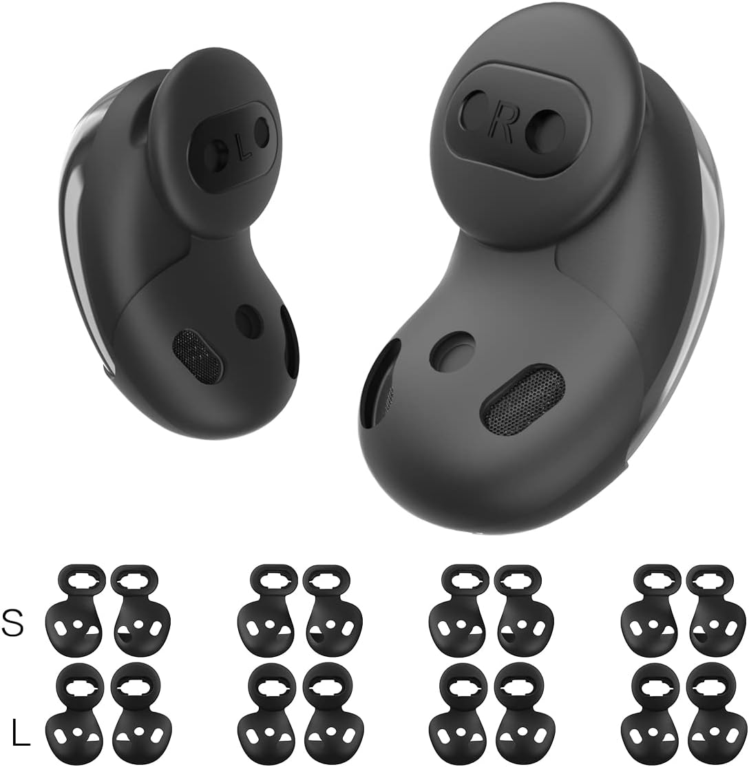 [8 Pairs] Galaxy Buds Live Ear Tips - Anti-Slip Silicone Cover Compatible with Samsung Galaxy Buds Live Earbuds Accessories Wing Replacement (Black) (2 Sizes - S/L)