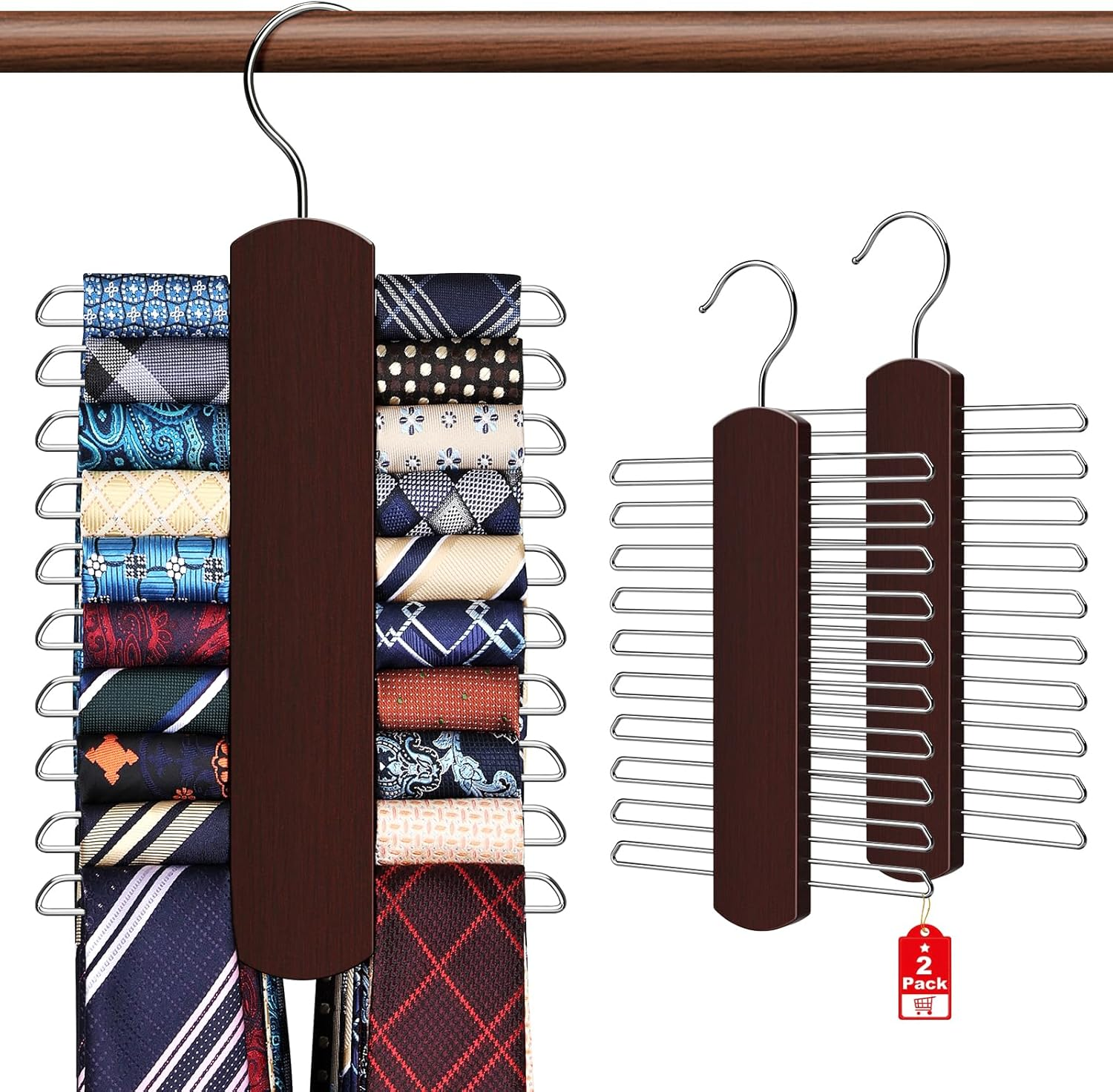 2 Pack Tie Rack for Closet, Premium Wooden Necktie Organizer Storage Tie/Belt 