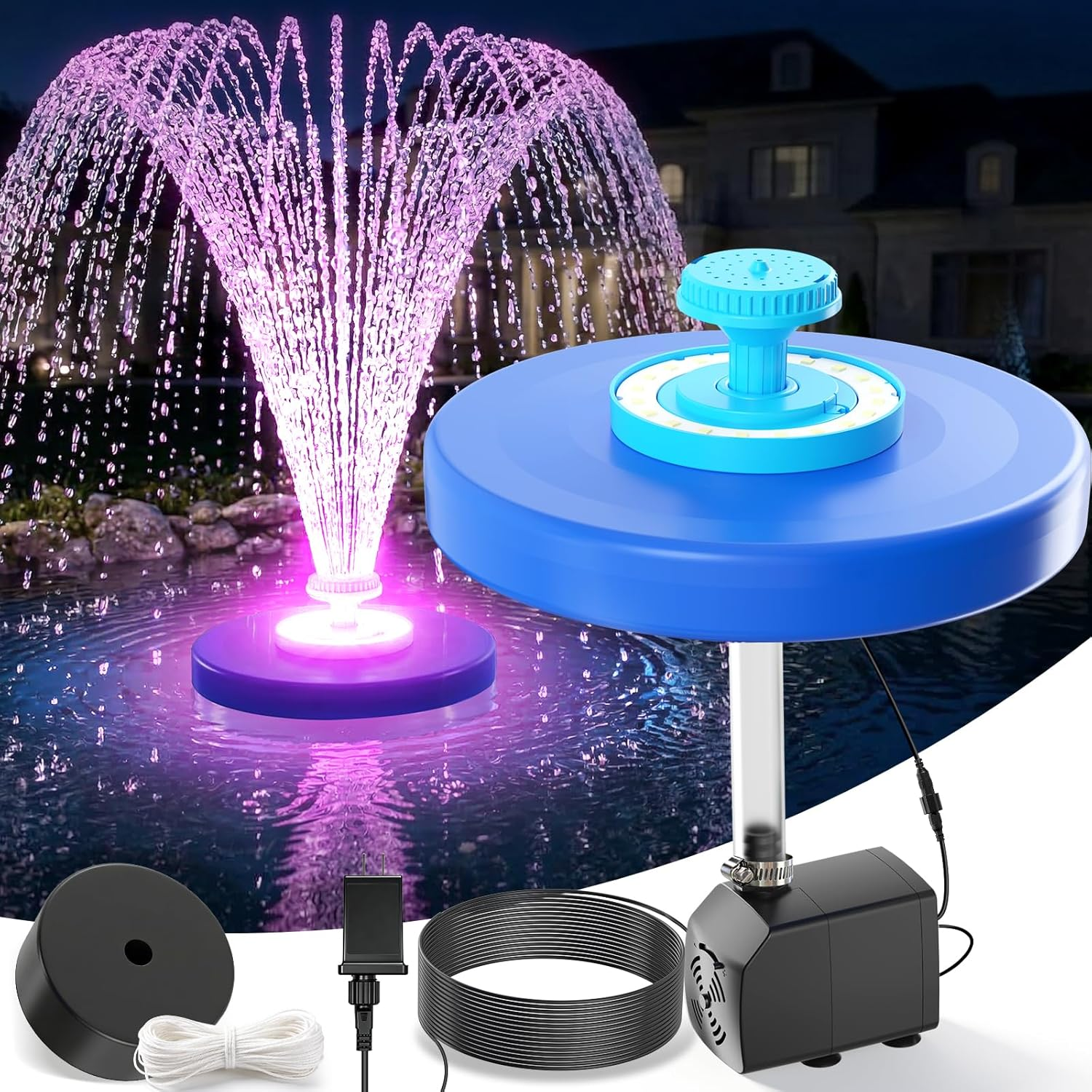 Large Pond Fountain,Floating Pool Fountain with LED Lights,Big Floating Water Fountain Pump,Pond Fountain Aerator with Anchor,Outdoor Pool Water Feature for Pond,Garden (Corded Electric,33Ft Cord)