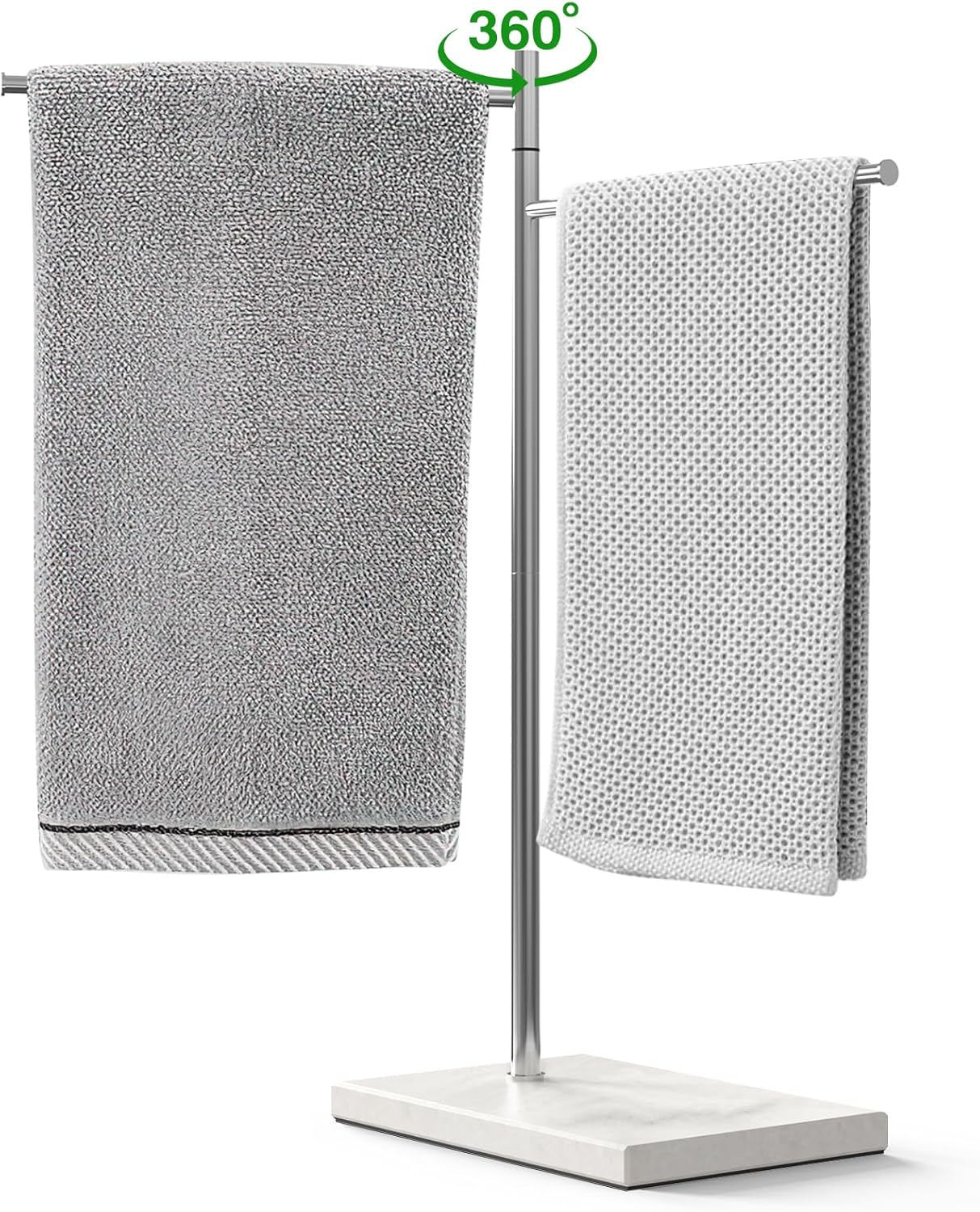 Luxspire Marble Hand Towel Holder, Free Standing Hand Towel Stand, Natural Marble Base Countertop Towel Stand Stainless Steel Swivel Towel Rack for Bathroom Kitchen Countertop, F-Shape