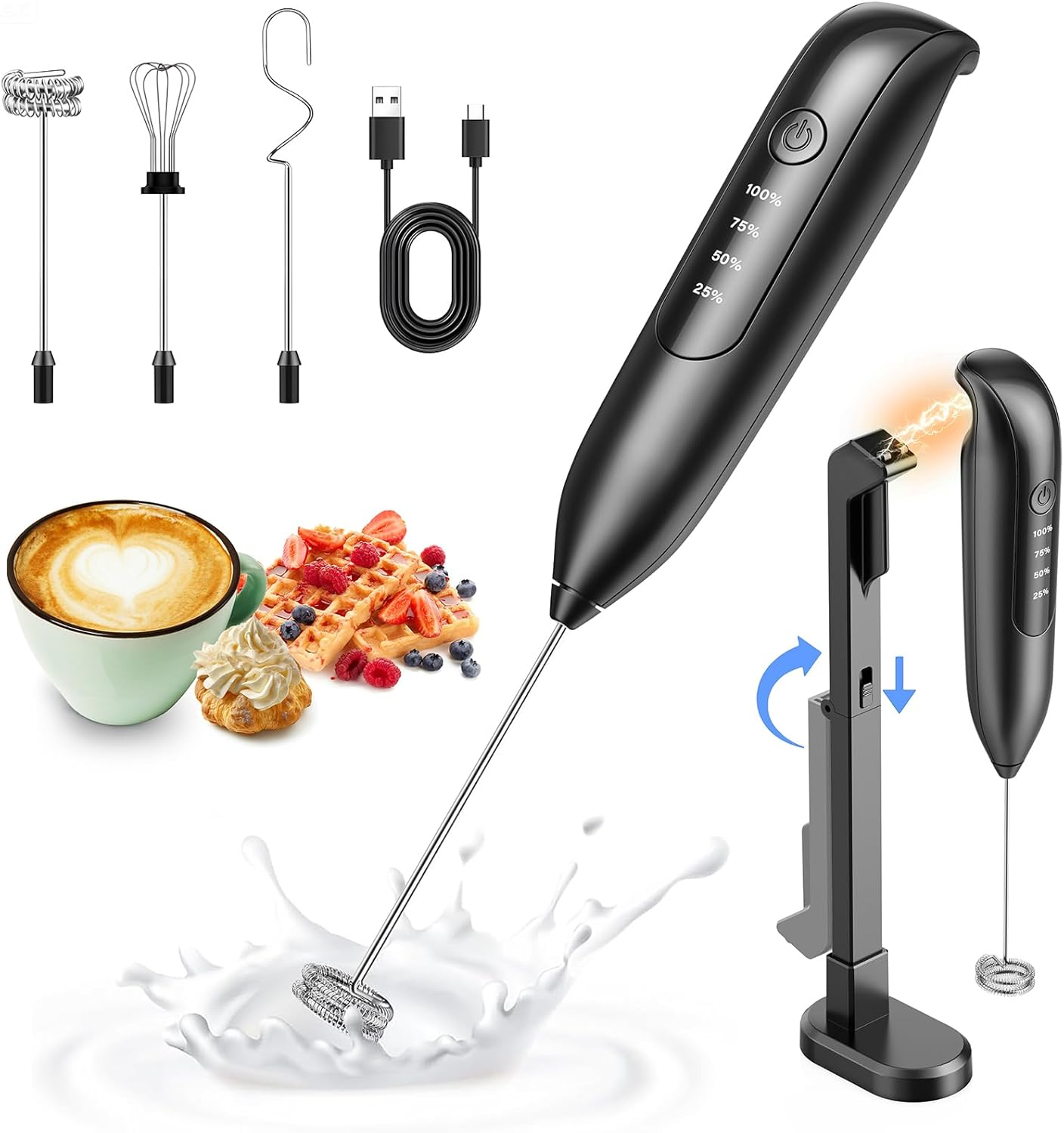 Rechargeable Handheld Milk Frother 3 Speed Coffee Frother Black