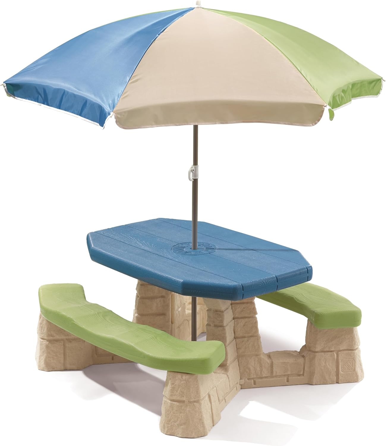 Step2 Naturally Playful Kids Picnic Table with Removable Umbrella, Indoor/Outdoor Toys, Fits 6 Children, Made of Durable Plastic, for Toddlers 3+ Years Old, Blue & Green