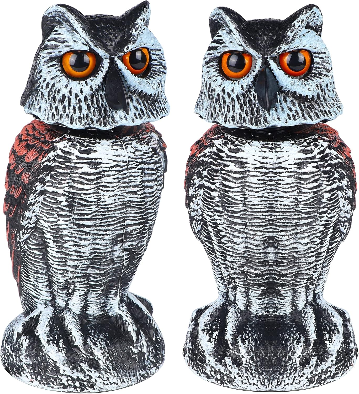 2 Pack Fake Owl Decoy Bird Scarecrow Sculpture, Rotating Head Plastic Owl Bird Deterrents, Nature Enemy Horned Pest Repellent for Outdoor Garden Yard