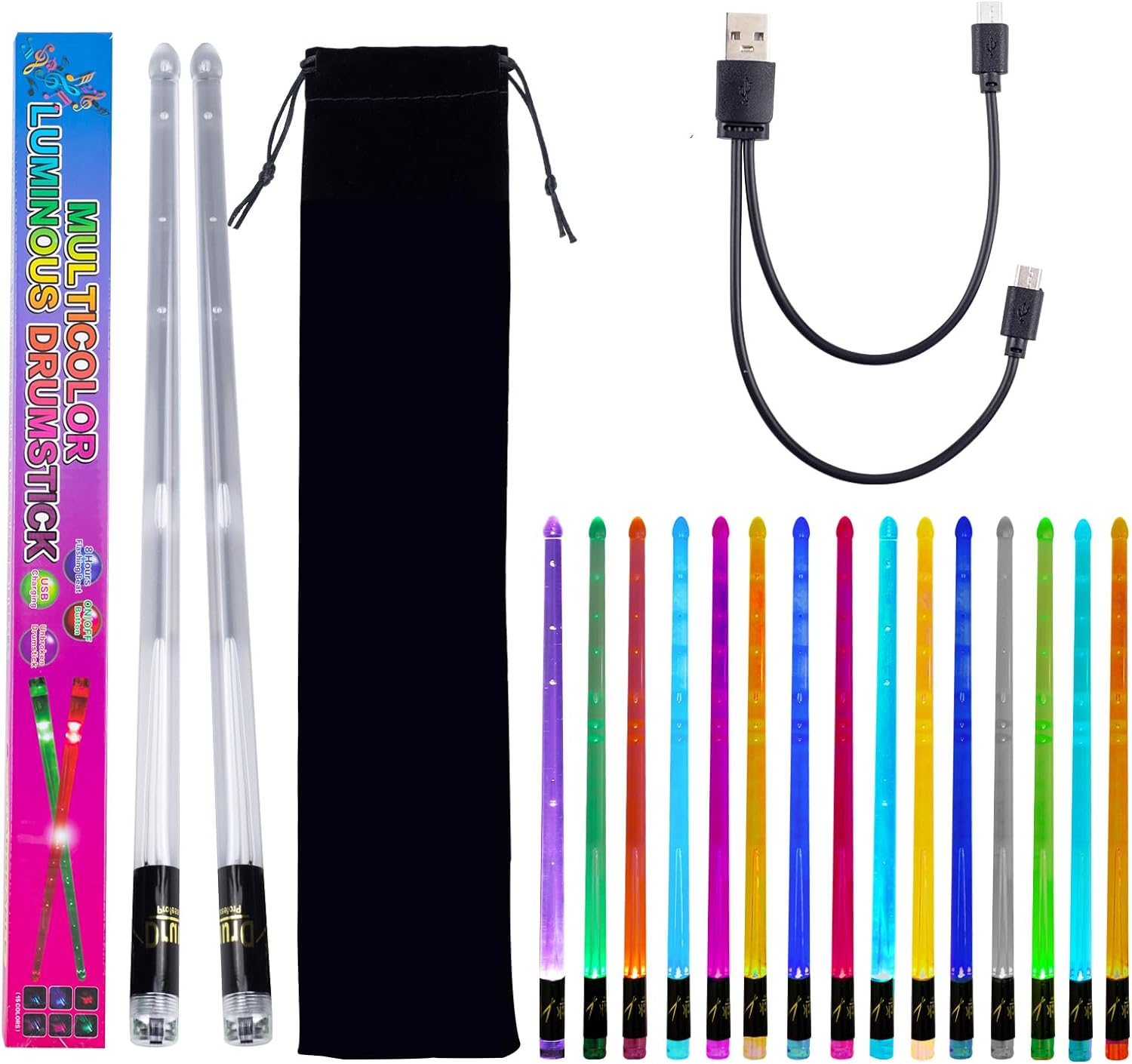 Baquetas con luz LED: 15 colores que brillan en la oscuridad.