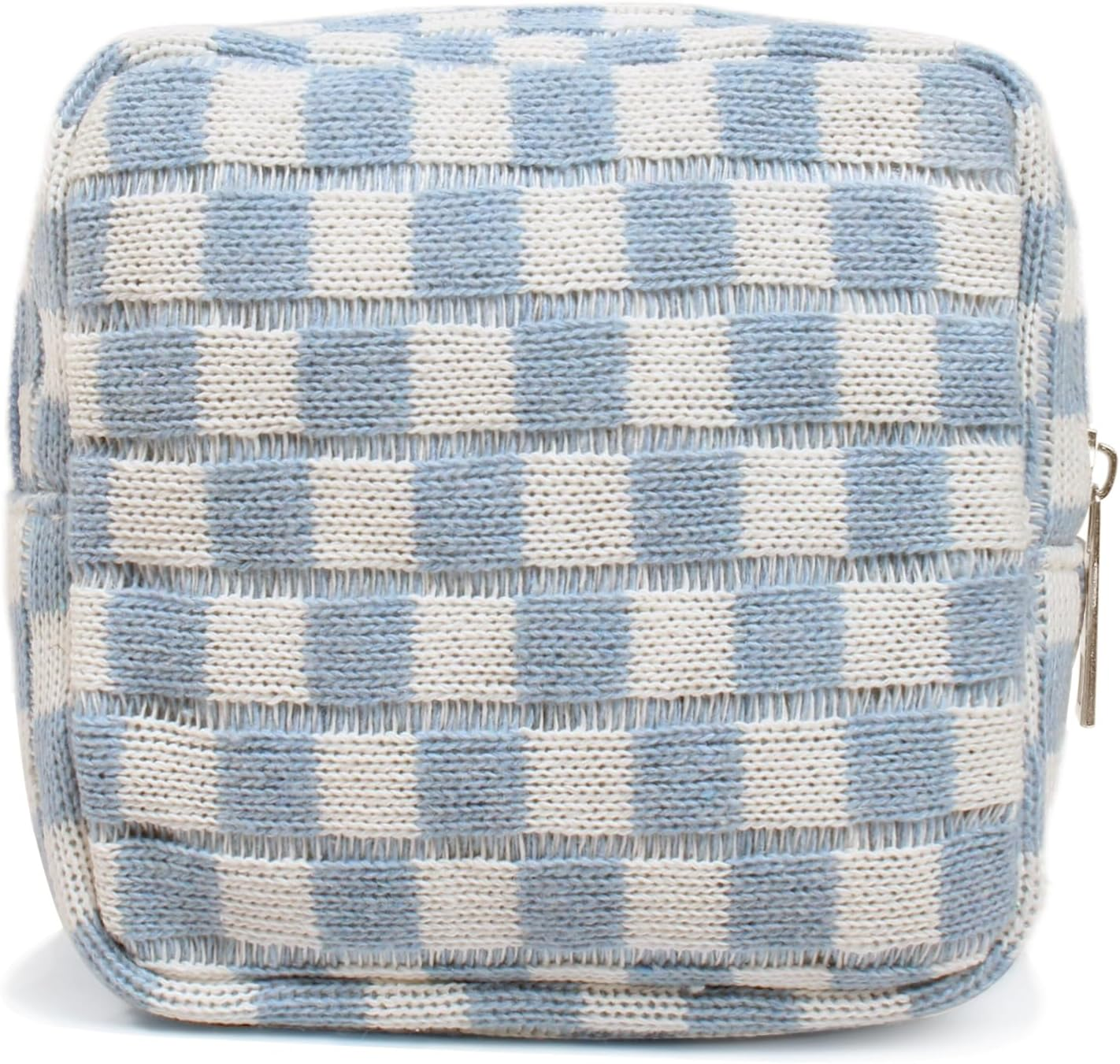 Small Blue Makeup Bag for Purse, Mini Checkered Cosmetic Bag Zipper Cute Make up Pouch Travel Toiletry Case Quilted Aesthetic Accessories Makeup Storage Bag Organizer for Women Girls