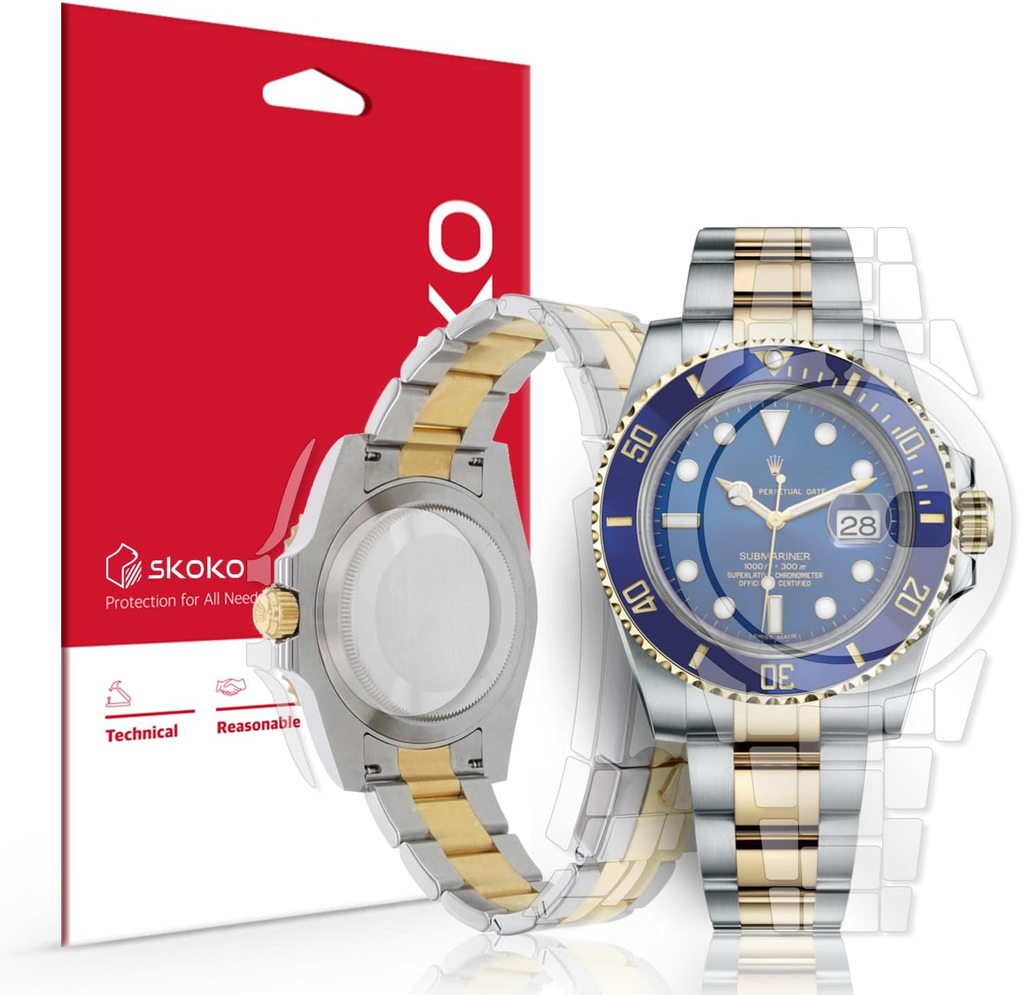 [2 Pack Protective Film Compatible with Rolex Submariner 40Mm (1.57 Inch) Ref. 116610 116613 116618 116619 116659 with Screen Protector, Full Cover Transparent Clear Skin