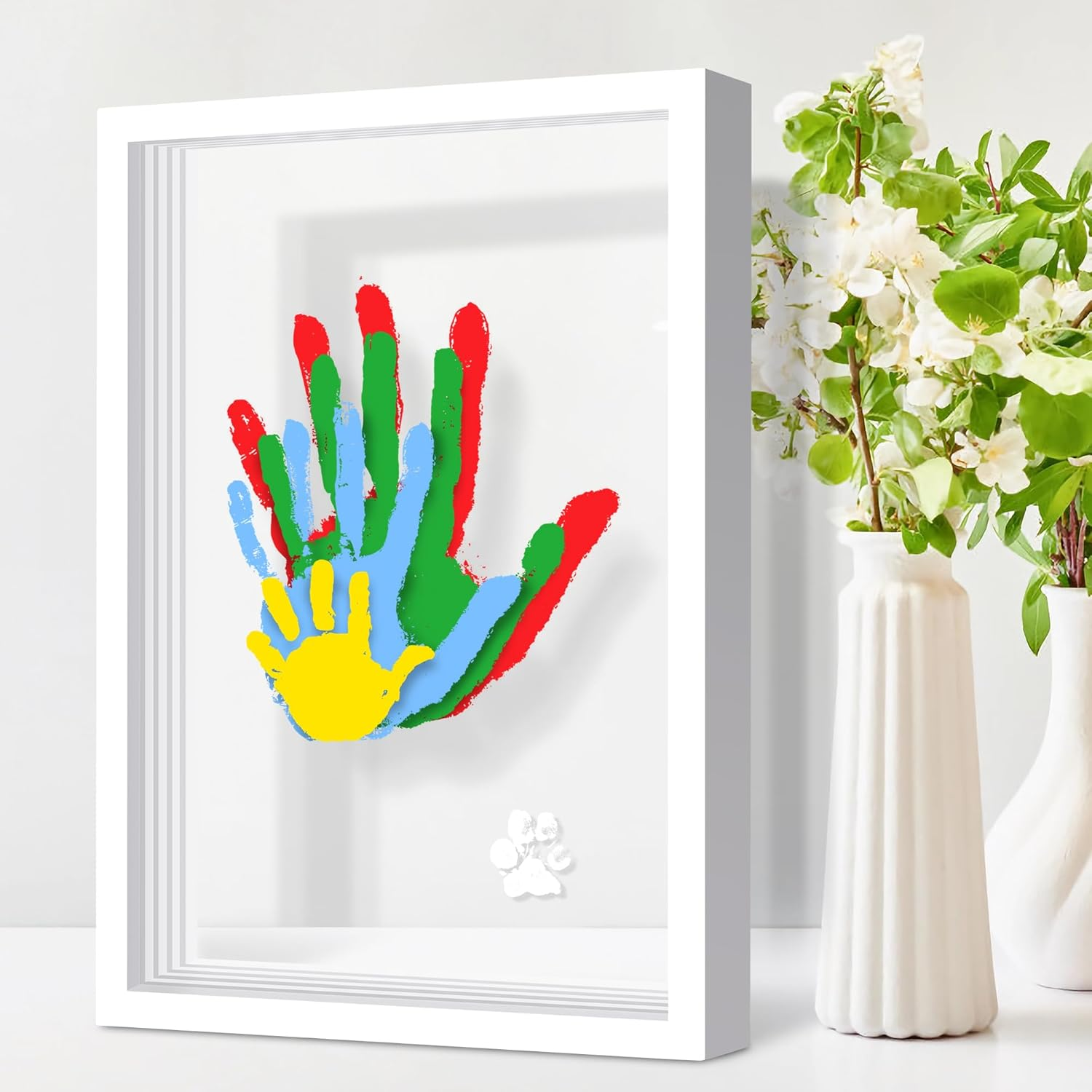 Family Handprint Kit, Hand Prints Keepsake Frame, DIY Craft Gift for New Parents & Mom & Baby, Grandparents, Mother'S Day, Father'S Day, Adoption Day, Anniversary, 6 Non -Toxic Paints (White)
