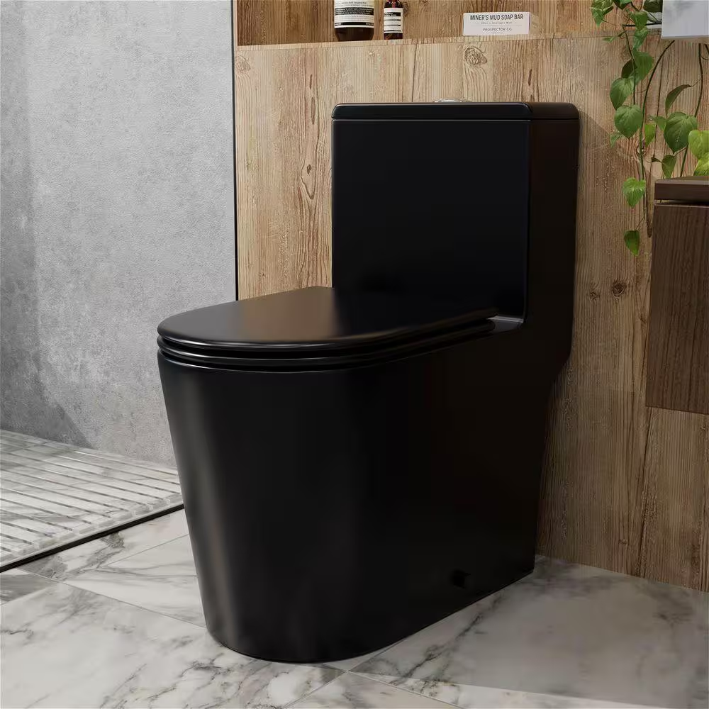 1-Piece 1.0/1.28 GPF High Efficiency Dual Flush Elongated Toilet in Matte Black Soft-Close Seat Included
