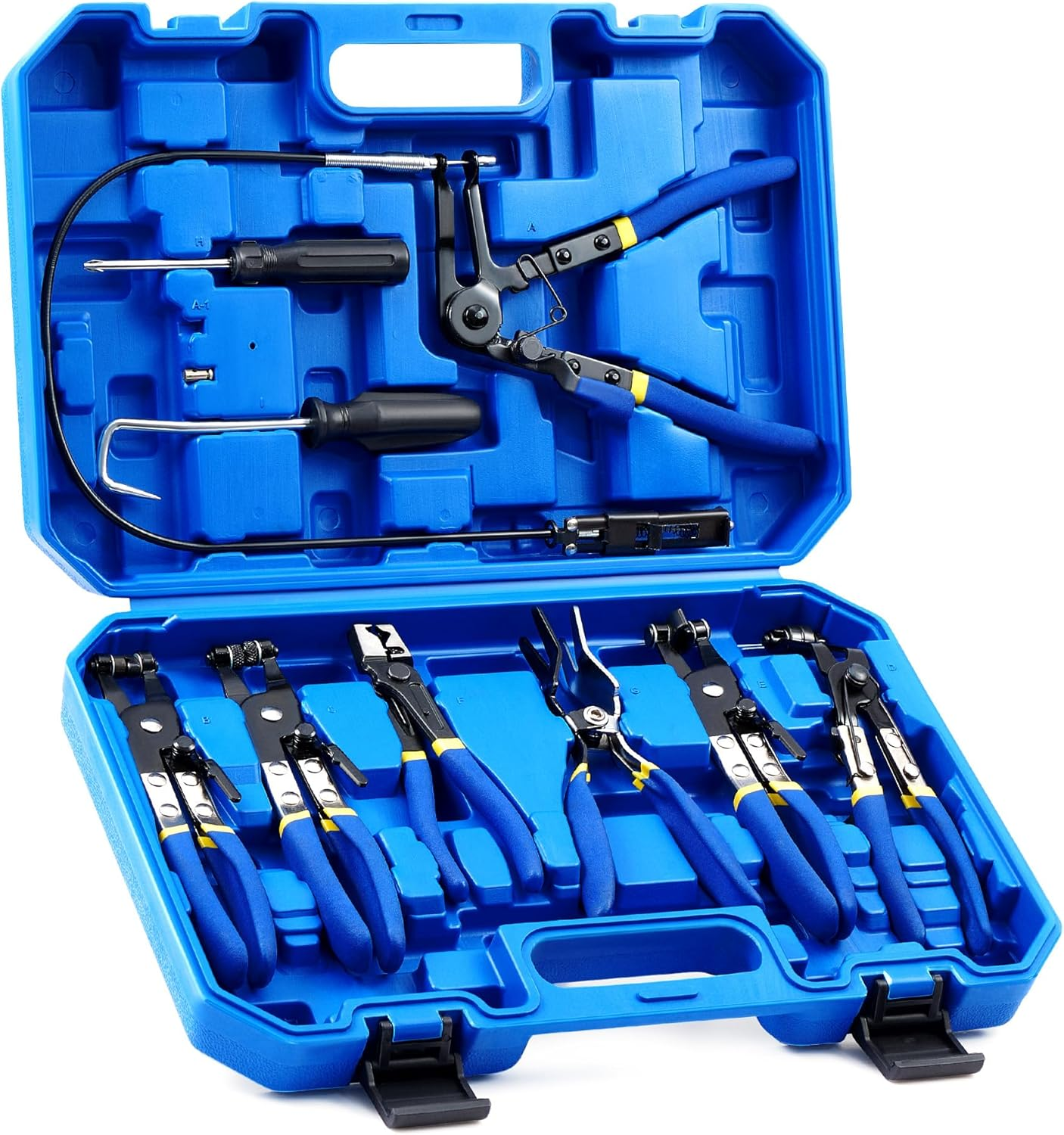 9Pcs Hose Clamp Pliers for Fuel Oil & Water Hoses Automotive Long Reach Hose Clamp Remover Kit with Flexible Wire Clic R Type Swivel Jaw Flat Band Pliers Case, Blue