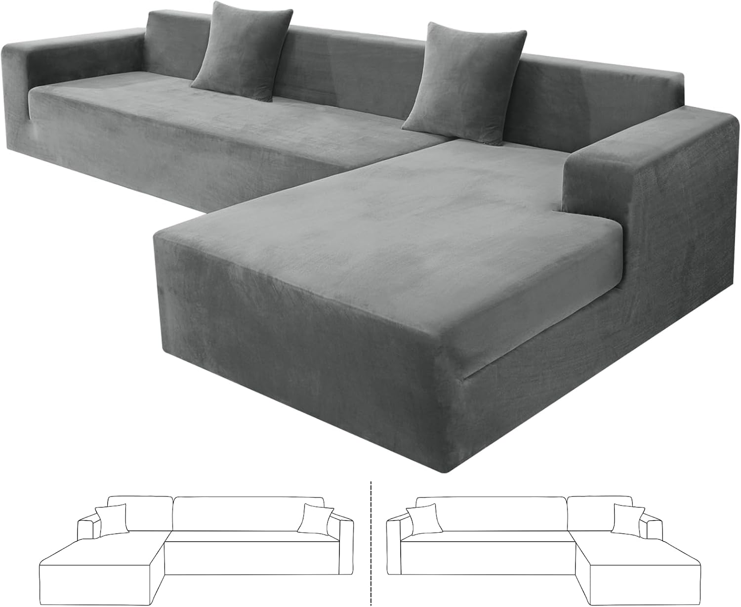 2026 Soft Velvet Sectional Couch Covers, Luxury Plush Slipcovers with Elastic Bottom for L Shape Sectional Sofa, 2 Pcs Pet Friendly Protector (3 Seat Couch + 3 Seat Chaise, Grey)