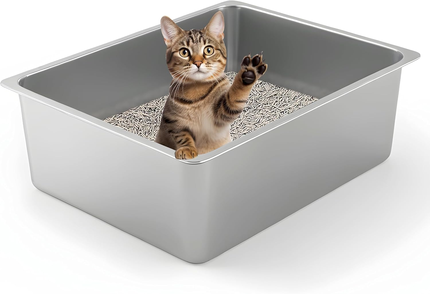Stainless Steel Cat Litter Box - Metal High Sided Cat Pan, Large Stainless Steel Box, Indoor Litter Tray, Non Stick, No Smell, Easy to Clean, Pet Toilet Supplies for Kitten, Kitty, Rabbit