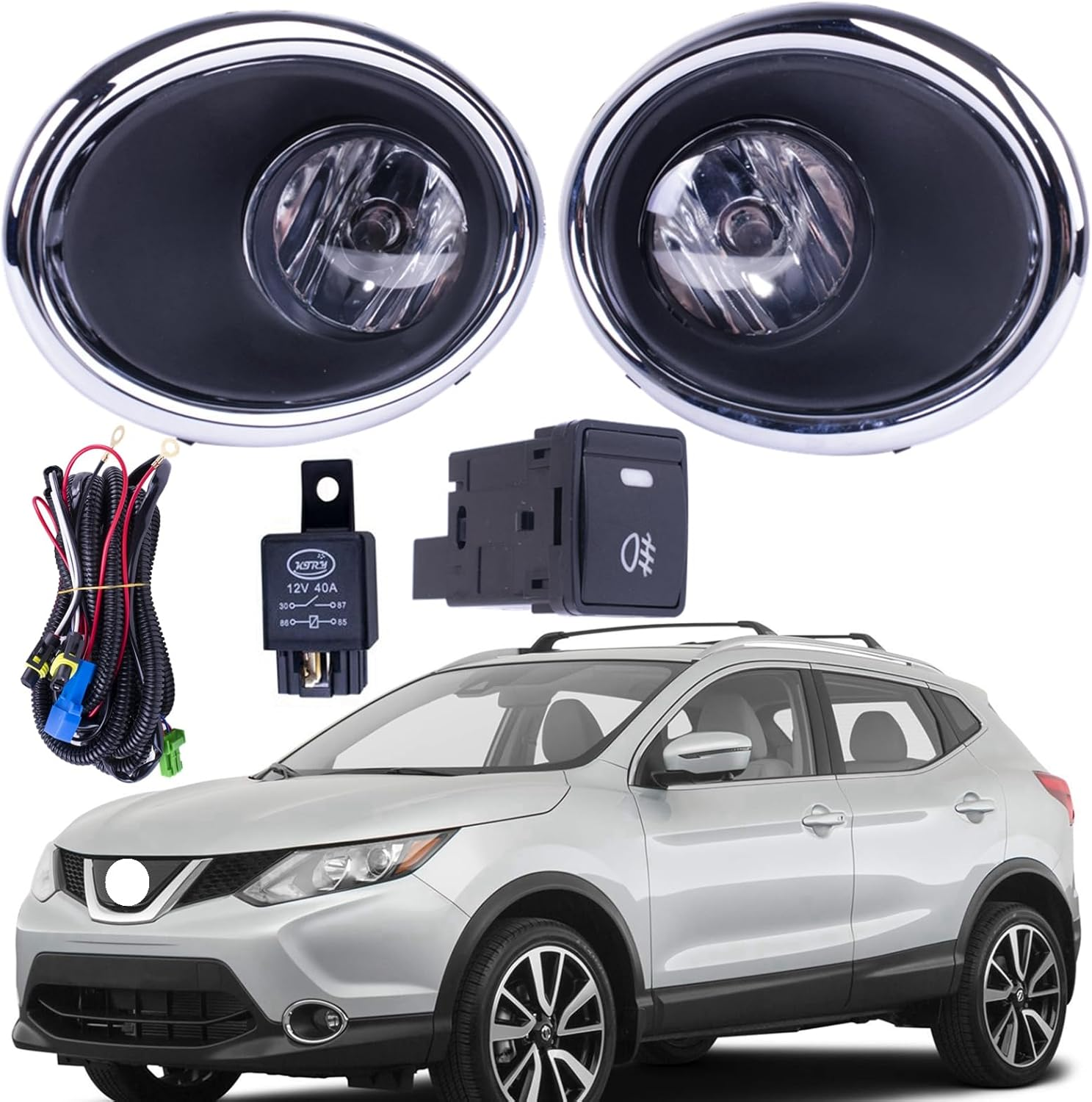 One Set Fog Light Lamps Compatible with Nissan Rogue Sport 2017-2019 with Covers + Switch + Wiring Kit ‎Replaces 62256-6MA0A NI1039156 62257-6MA0A NI1038156 261508990B 261508993B
