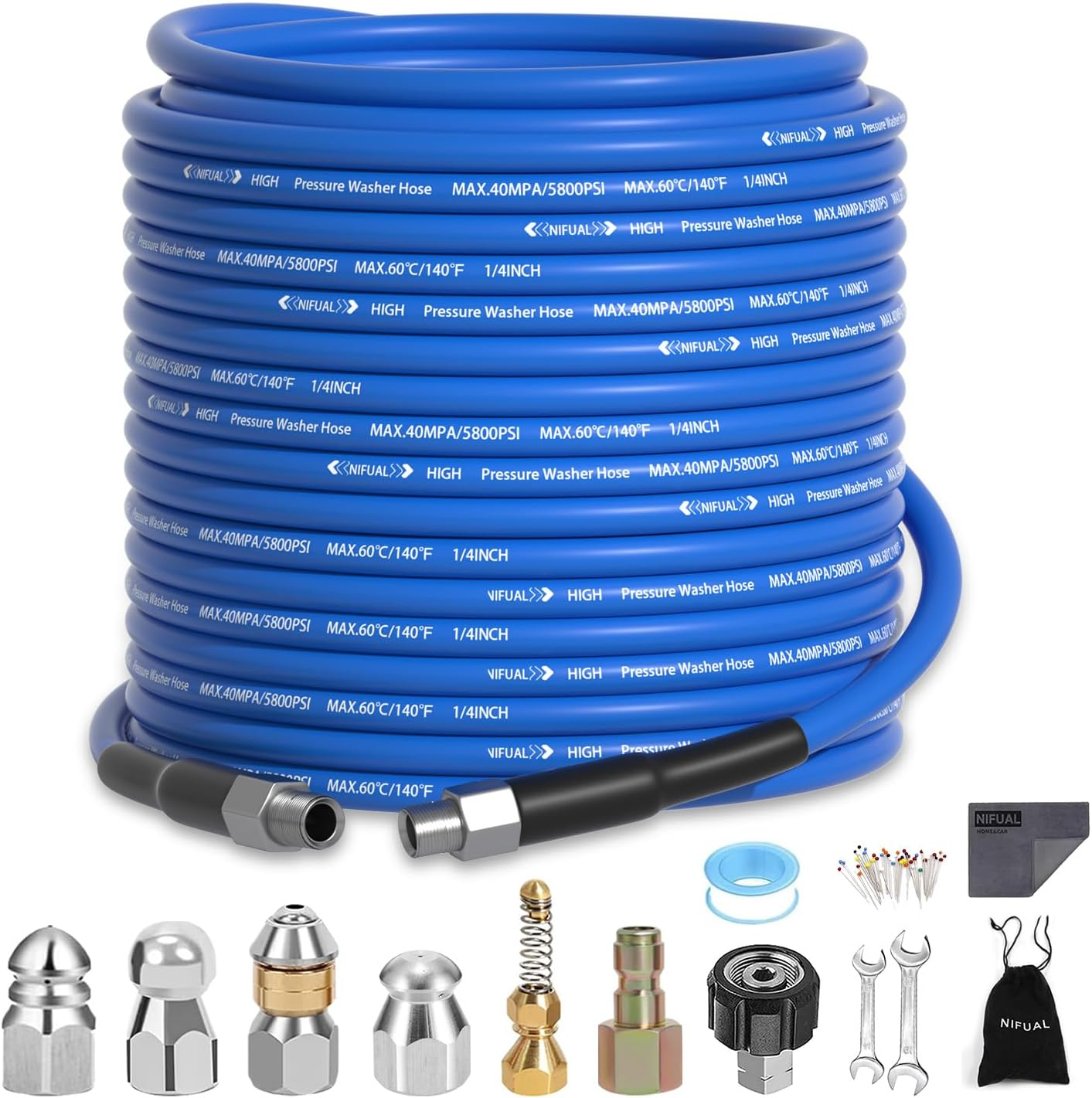 NIFUAL Sewer Jetter Kit 150FT for Pressure Washer,5800Psi Drain Cleaner Hose for 1/4 Inch NPT Corner Rotating and Button Nose, Sewer Jetting Nozzle Pearl Corsage Pin Waterproof Tape with 2 Spanner