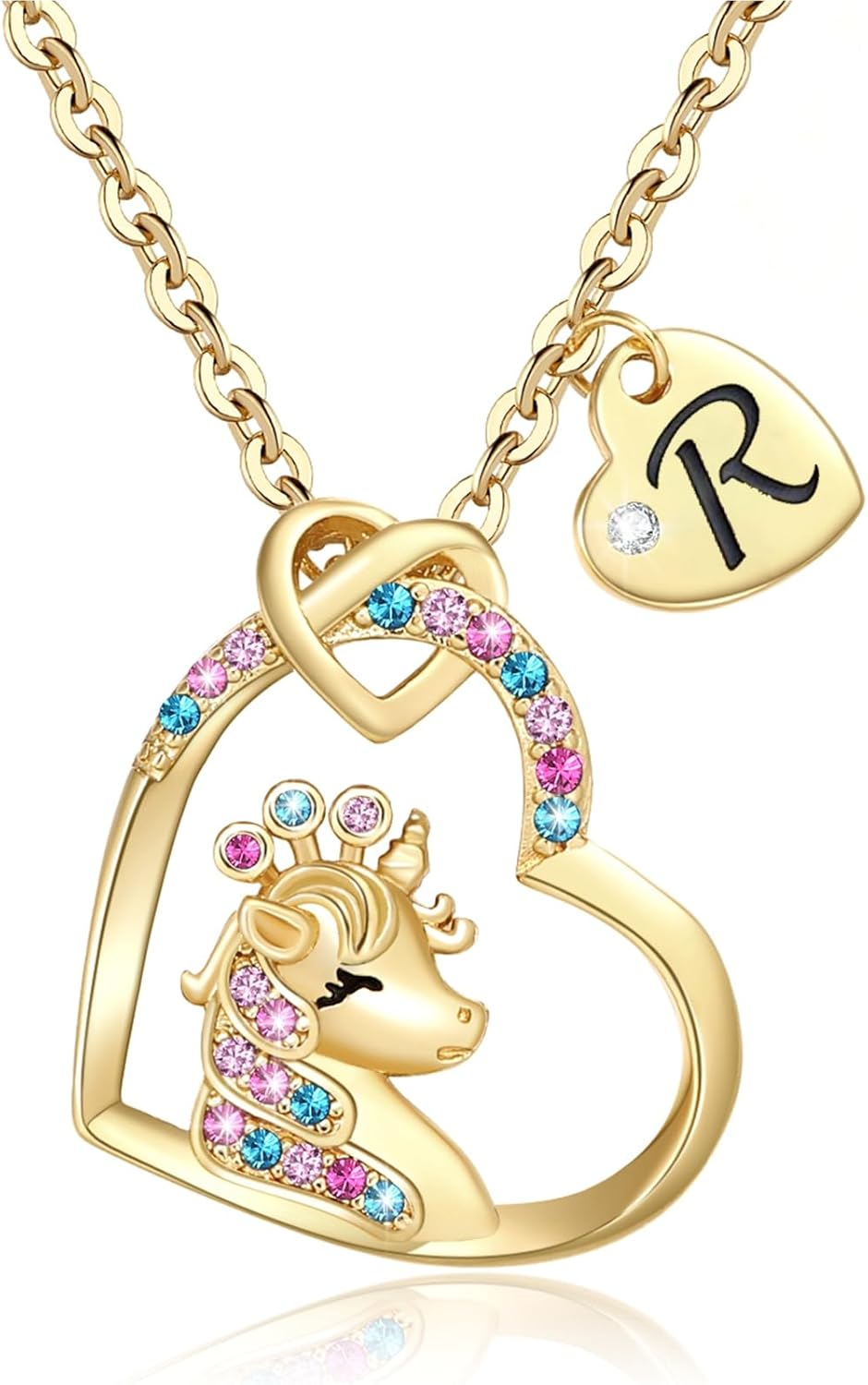 Unicorn Gifts for Girls, Colorful CZ Heart Unicorn Necklaces Initial Necklace Birthday Christmas Gift for Girls Teens