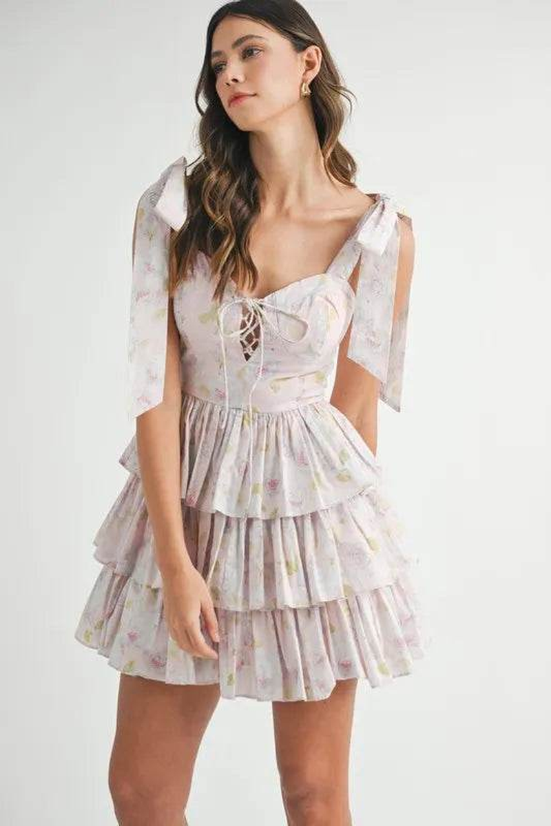MABLE Floral Print Shoulder Tie Layered Mini Dress