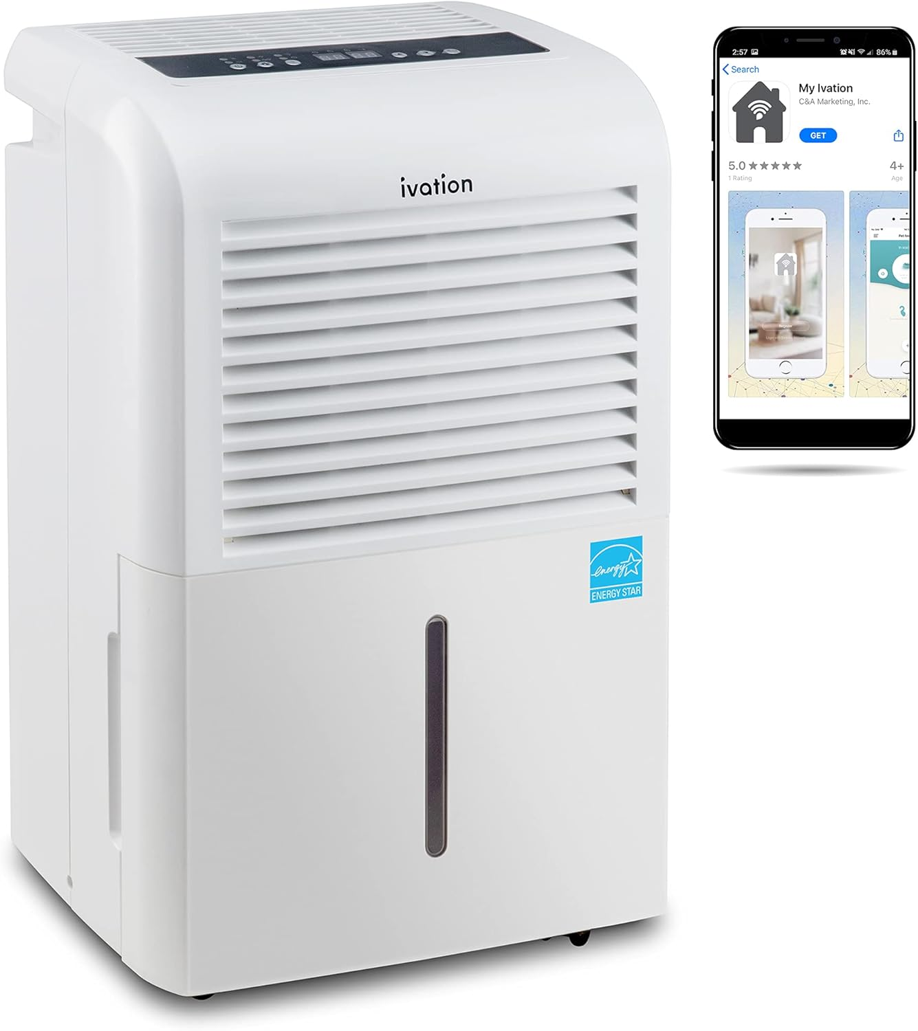 Ivation - 4,500 Sq Ft Smart Wi-Fi Energy Star Dehumidifier with Pump, Hose Connector, Wheels & More - White